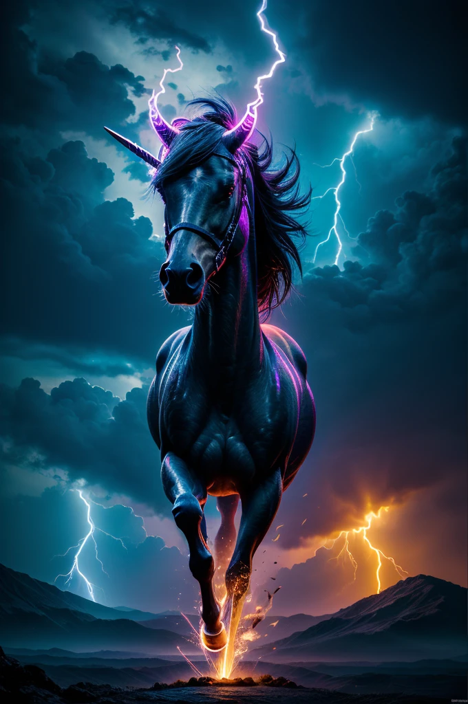 Black Light Art, a unicorn, glowing horn, composed of elements of thunder, thunder, electricity, electric elements, lightning art, cloud, octane render, enhance, intricate, (best quality, masterpiece, Representative work, official art, Professional, unity 8k wallpaper:1.3)
