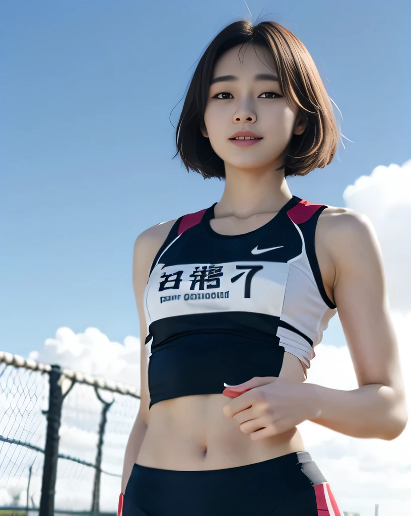 zydG, 1girl in, Front view, to stand, Look at viewers, Exposed skin, (From below),Brown-eyed, (Blonde very short hair:1.2), (Light hair), (medium breasts:1.4), smile with white teeth, (Photorealsitic:1.4), (Top image quality:1.0), (超A high resolution:1.0), 8K, Raw photography, (masterpiece:0.2), track and field uniforms, Show abs, (Sweat, Wetty:1.1), portlate, facefocus, fullllbody,(pureerosface_v1:0.5), plein air, track and field,