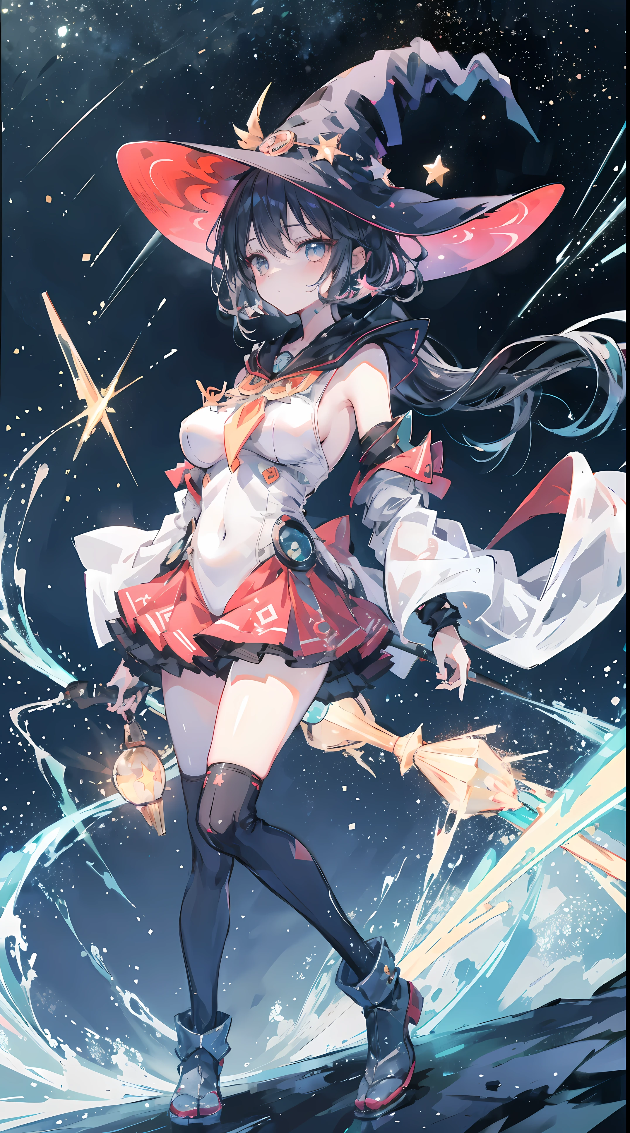 Best quality, , 1 busty girl, juuichi, Witch hat, floating in the space, esfera energy corp.., Light particles, shinny hair, Twinkling stars, Fantastical,