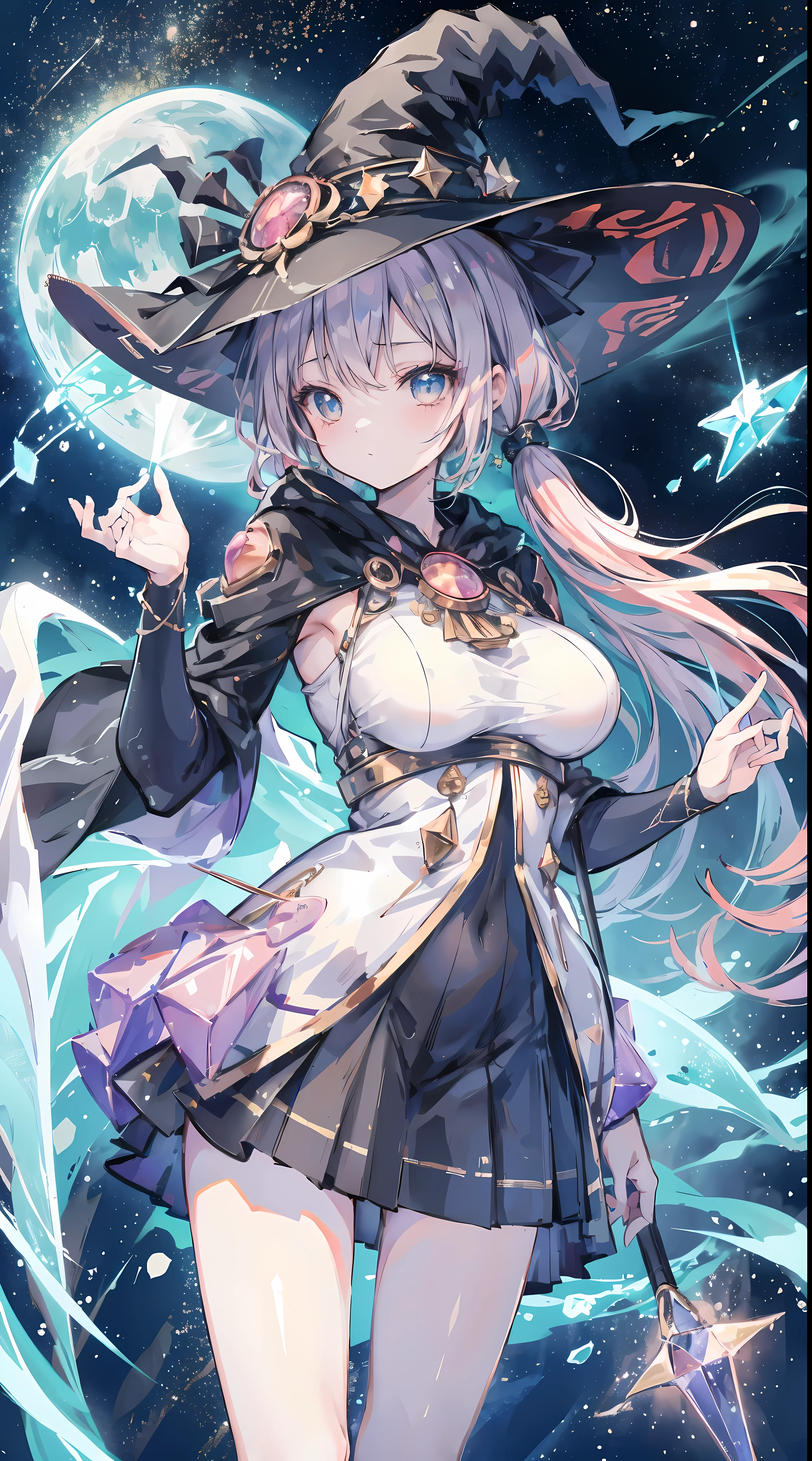 Best quality, , 1 busty girl, juuichi, Witch hat, floating in the space, esfera energy corp.., Light particles, shinny hair, Twinkling stars, Fantastical,