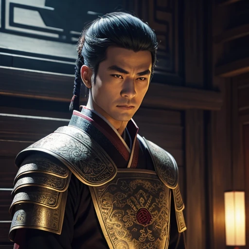 oriental、man in ancient chinese armor、ancient chinese hairstyle man、three kingdom、multiple warlords、top-quality、​masterpiece、超A high resolution、(Photorealsitic:1.4)、Cinematic poster、Supporting role introduction
