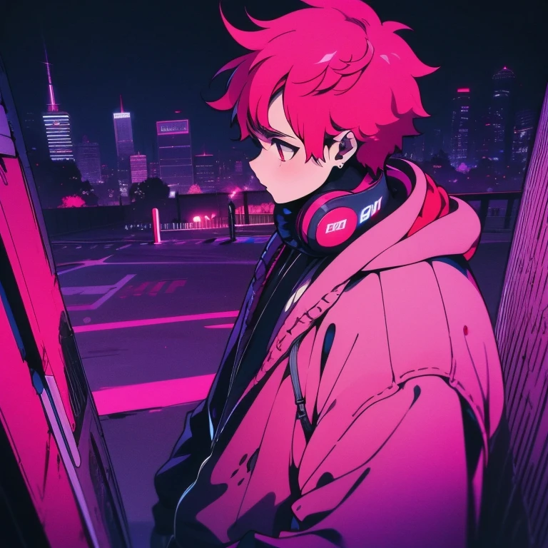 (short-cut), (Two-block hair), (vivid pink hair), (male character), (Red Eyes), (Cool pose), (of the highest quality), (​masterpiece), (ultra-detailliert), (Oversized hoodies), (Street), (neons), (Camera from a down angle), (Modern City), (neonsデイライト), (Cinematic), (Stylish), (hight resolution), (Hyper Detailed), (Looking at the camera), (Anime-style), (Softtown), (nightcore), (a handsome man), (Listening to music through headphones), (natural appearance of the building), (casual), (ig studios anime style), (Super beautiful angle of view),