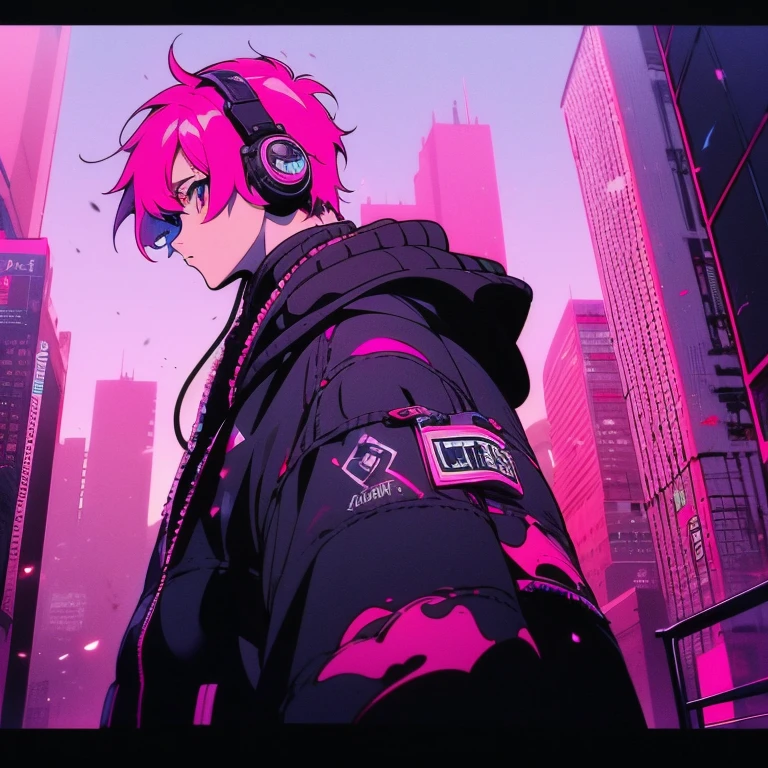 (short-cut), (Two-block hair), (vivid pink hair), (male character), (Red Eyes), (Cool pose), (of the highest quality), (masterpiece), (ultra-detailliert), (Oversized hoodies), (Street), (neons), (Camera from a down angle), (Modern City), (neonsデイライト), (Cinematic), (Stylish), (hight resolution), (Hyper Detailed), (Looking at the camera), (Anime-style), (Softtown), (nightcore), (a handsome man), (Listening to music through headphones), (natural appearance of the building), (casual), (ig studios anime style), (Super beautiful angle of view),