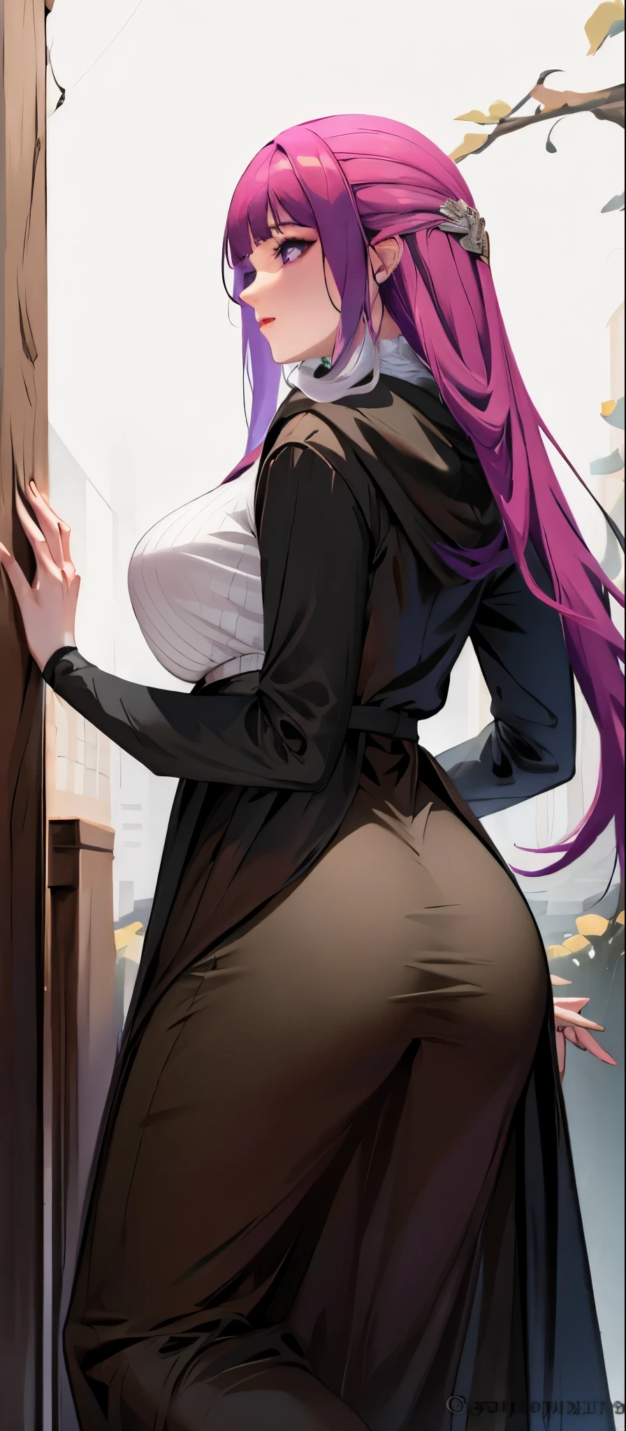 looking down, looking at viewer, masterpiece, best quality, absurdres, backboobs, knee up, from behind, back, plump ass, rear end, beautiful face, perfect anatomy, 1girl, solo, FernFrieren, very long hair, purple eyes, (purple pupils:1.1), (white dress:1.2), fernfrieren white dress, medium breasts, outdoors, square background, expressionless face,