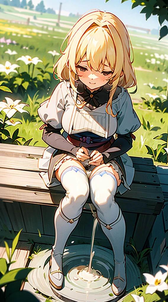 anime styled, The ultra -The high-definition, alice in the wonderland, Super cute girl, ((a blond:1.4)), ((Long:1.4)), shame, Shyness is a shy smile, Light blue fluttering short dress, frilldの付いた白いエプロンスカートを重ねる, frilld, A large white ribbon is tied in the back around the waist of the dress. , B-cup breasts, Light blue fluttering mini skirt, ハイソックスは爪先から太ももの半ばあたりまである長い白色のknee high, ((knee high:1.4)), and draw the full body, In the forest where bright sunlight shines through, Clothes disheveled and chest exposed, teatsが見えている, ((teats:1.4)), Her skirt is in disarray and her crotch is visible., 股のFemale genitalsが見えている, ((Female genitals:1.4)), Pee, お漏らししてPeeが股から勢いよく出ている, Lying on the ground, lying on one's side, Urine excreted on the ground around the waist wets the ground., ((pissing:1.5)), I'm holding out my hand as if to invite you here, Looking here, Draw a girl from a random direction