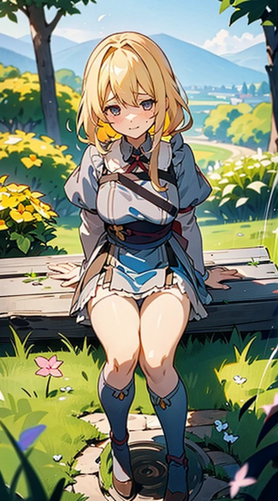 anime styled, The ultra -The high-definition, alice in the wonderland, Super cute girl, ((a blond:1.4)), ((Long:1.4)), shame, Shyness is a shy smile, Light blue fluttering short dress, frilldの付いた白いエプロンスカートを重ねる, frilld, A large white ribbon is tied in the back around the waist of the dress. , B-cup breasts, Light blue fluttering mini skirt, ハイソックスは爪先から太ももの半ばあたりまである長い白色のknee high, ((knee high:1.4)), and draw the full body, In the forest where bright sunlight shines through, Clothes disheveled and chest exposed, teatsが見えている, ((teats:1.4)), Her skirt is in disarray and her crotch is visible., 股のFemale genitalsが見えている, ((Female genitals:1.4)), Pee, お漏らししてPeeが股から勢いよく出ている, Lying on the ground, lying on one's side, Urine excreted on the ground around the waist wets the ground., ((pissing:1.5)), I'm holding out my hand as if to invite you here, Looking here, Draw a girl from a random direction