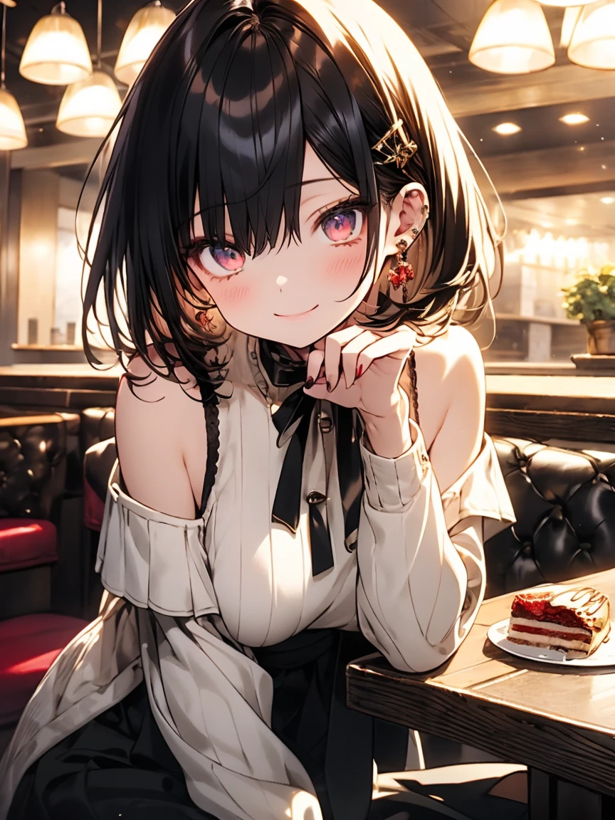 masterpiece, absurdres, best quality, ultra detailed, high Resolution, detailed illustration, extremely beautiful detailed face and eyes, bright colour, 1girl, (loli), cute face, Delicate beautiful face, magenta eyes, cute eyes, sparkling eyes, big eyes, medium breasts, (perky breasts:1.1), (pointy breasts:1.1), medium hips, glamorous body, white skin, smile, BREAK, long bob cut, (blonde hair:0.8), messy hair, detailed hair, shiny hair, BREAK off shoulder sweater, long skirt, tiny ribbon, restaurant, eating shortcake, real world, natural lights, perfect lighting,
