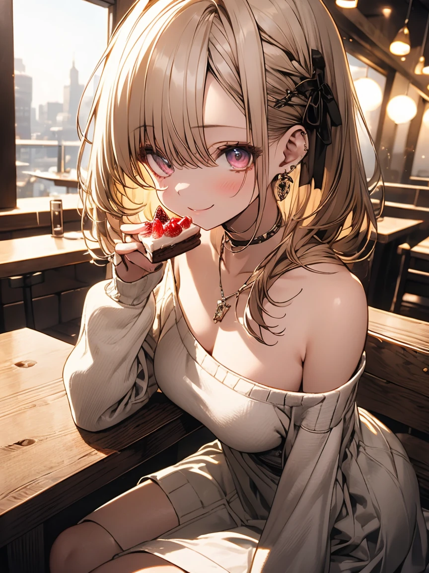 masterpiece, absurdres, best quality, ultra detailed, high Resolution, detailed illustration, extremely beautiful detailed face and eyes, bright colour, 1girl, (loli), cute face, Delicate beautiful face, magenta eyes, cute eyes, sparkling eyes, big eyes, medium breasts, (perky breasts:1.1), (pointy breasts:1.1), medium hips, glamorous body, white skin, smile, BREAK, long bob cut, (blonde hair:0.8), messy hair, detailed hair, shiny hair, BREAK off shoulder sweater, long skirt, tiny ribbon, restaurant, eating shortcake, real world, natural lights, perfect lighting,