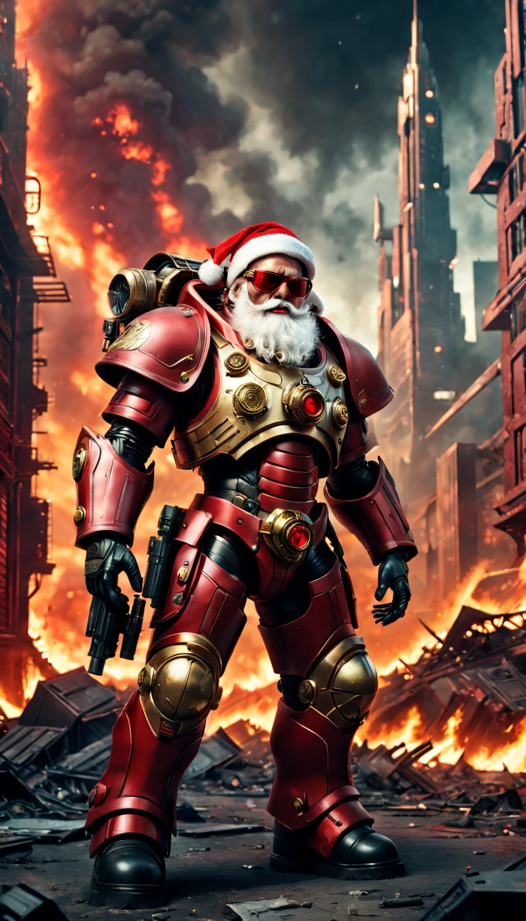 Warhammer 40K universe cybernetic santa claus，Mechanical suit of red and gold armor，sparkly red color sunglasses，Intense war-like environment，Destroyed buildings and flames，The background is a futuristic cityscape，Radar integrated in Santa hat，severe and threatening atmosphere，Sci-fi cyberpunk aesthetics，High contrast and desaturated tones，Dramatic and dynamic lighting effec quality,4k,highres,masterpiece:1.2),ultra-detailed,(realistic,photorealistic,photo-realistic:1.37)