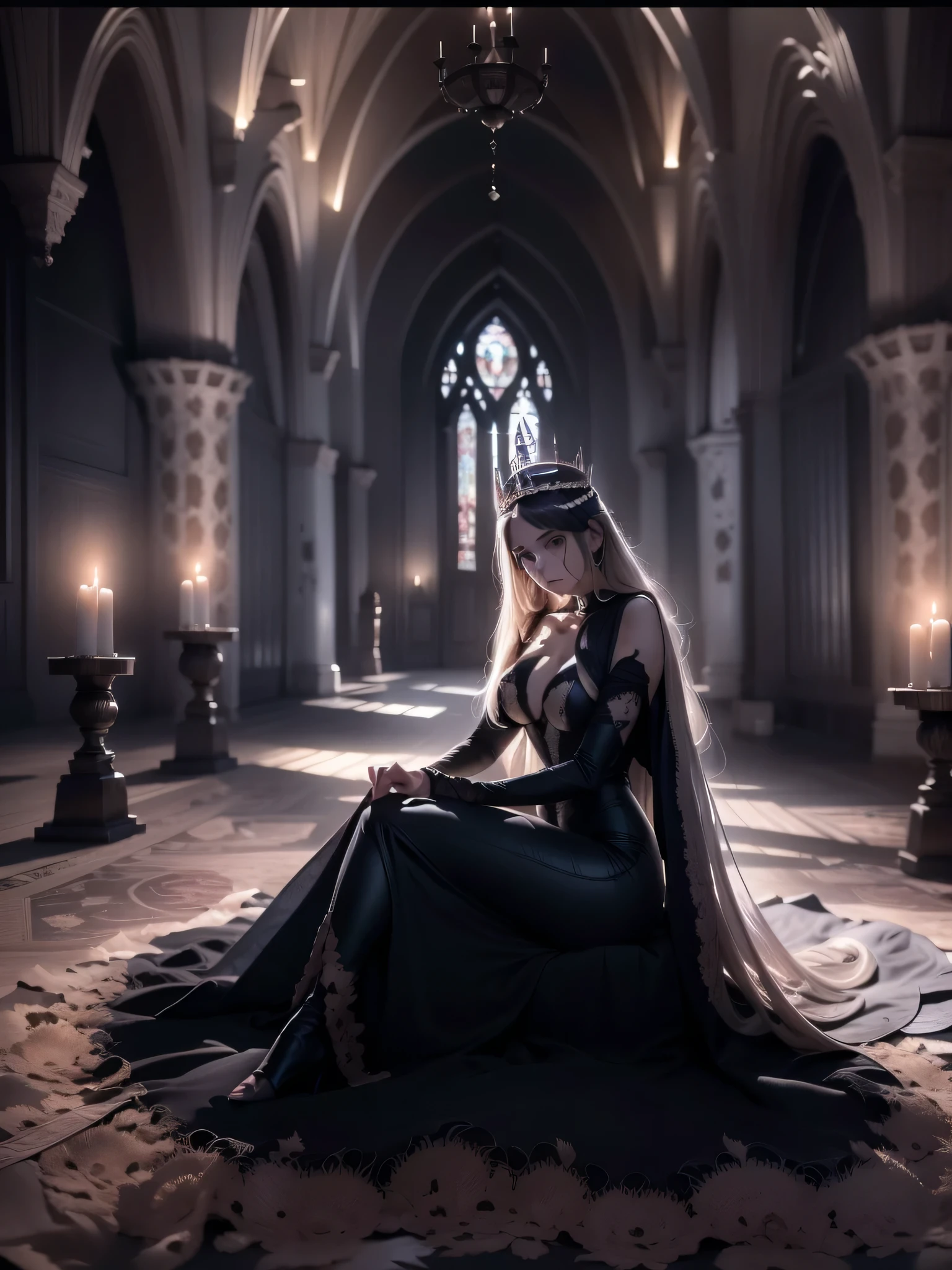 Weird medieval castle hall，covered with spider webs，The ground is covered with dry stuff, dusty skeleton.，There are some white candles everywhere，flickering with faint firelight。On the black velvet throne in the middle，Beautiful girl with half skull and half human face，Exquisite and beautiful silhouette.，Wearing a gorgeous and sexy black dress，Wearing a shiny crown，Sit with your back to the Gothic carved window