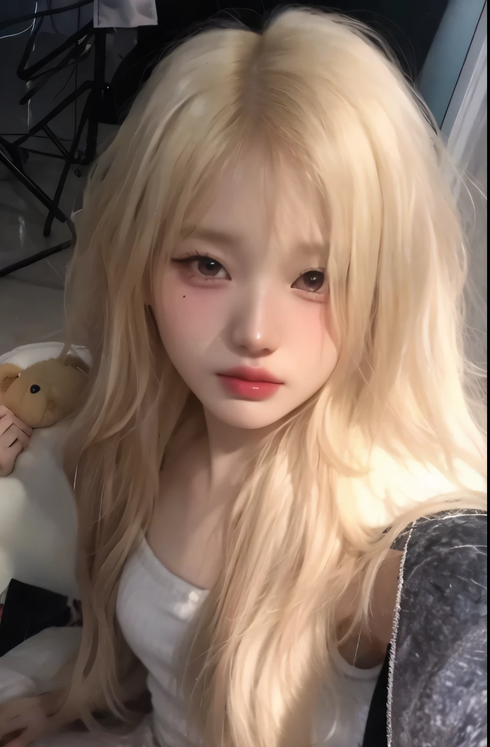 a close-up of a person with long blonde hair and a teddy bear, Parque Roseanne do Blackpink, extremely pale blond hair, very very pale blond hair, pale round face, Ulzzang, her hair is white, longos cabelos loiros e olhos grandes, pale porcelain white skin, menina coreana, uma menina com cabelo loiro, pale glowing skin, jossi do blackpink