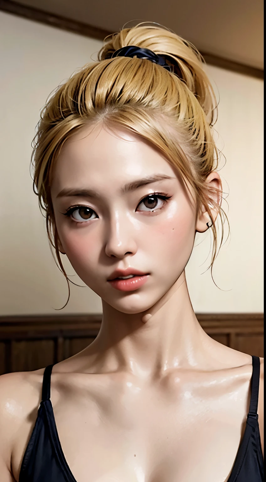 Award-winning highly detailed digital RAW color photos、Upper body close-up、Underwear、White simple lingerie、armpit、Armpit poses、armpit、Shiny armpits as if sweating、detailed skin textures、Armpit、pony tail hairstyle、Bright red lipstick、inside in room、(((Beautiful half 20 year old woman、face perfect、Dreamy appearance、(detailed facial features)、Clean nice face)))) to ( ((Fantastic sunlit))):1.6、Luminous skin、Glittering armpits、Cute woman with a smile、HDR、8K resolution、smoother、(Defocus):1.7、(Warm ambient light):1.8、atmosphere、realisitic, (Volumetric Fog):1.6、depth of fields、Shot with Kodak Box Camera、