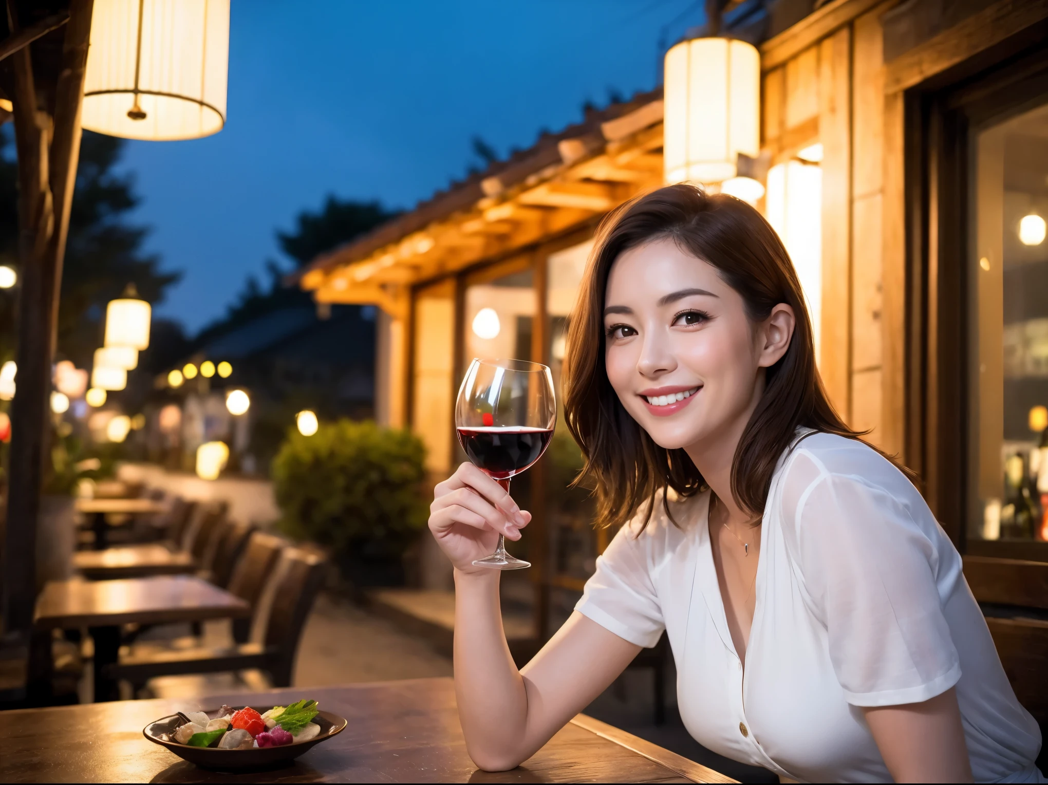 (64k uhd, nffsw, of the highest quality, masutepiece: 1.2), (Realistic, Photorealistic: 1.37), American、Frenchman、Pretty Woman 1, (Slim Face), (slimボティ), (Brown hair), (short-cut), cheeks blush a little, (40 years old), 38 years, Solo, A beautiful and detailed night view spreads out outside the window......, restaurant, wine glassesに座って, At night, In a prominent place (from waist up) NovaFrogStyle, actress, Model, waist-up, white wine, slim, wine glasses, Super clean night view, 真ん中に置かれたwine glasses, Happy smile, (Smile: 1.15), Beautiful fine eyes, Upper body, Bust Japan Up, Night, Short, Short, actress, Model, waist-up, white wine, slim, wine glasses, Super clean night view, 真ん中に置かれたwine glasses, Happy smile,