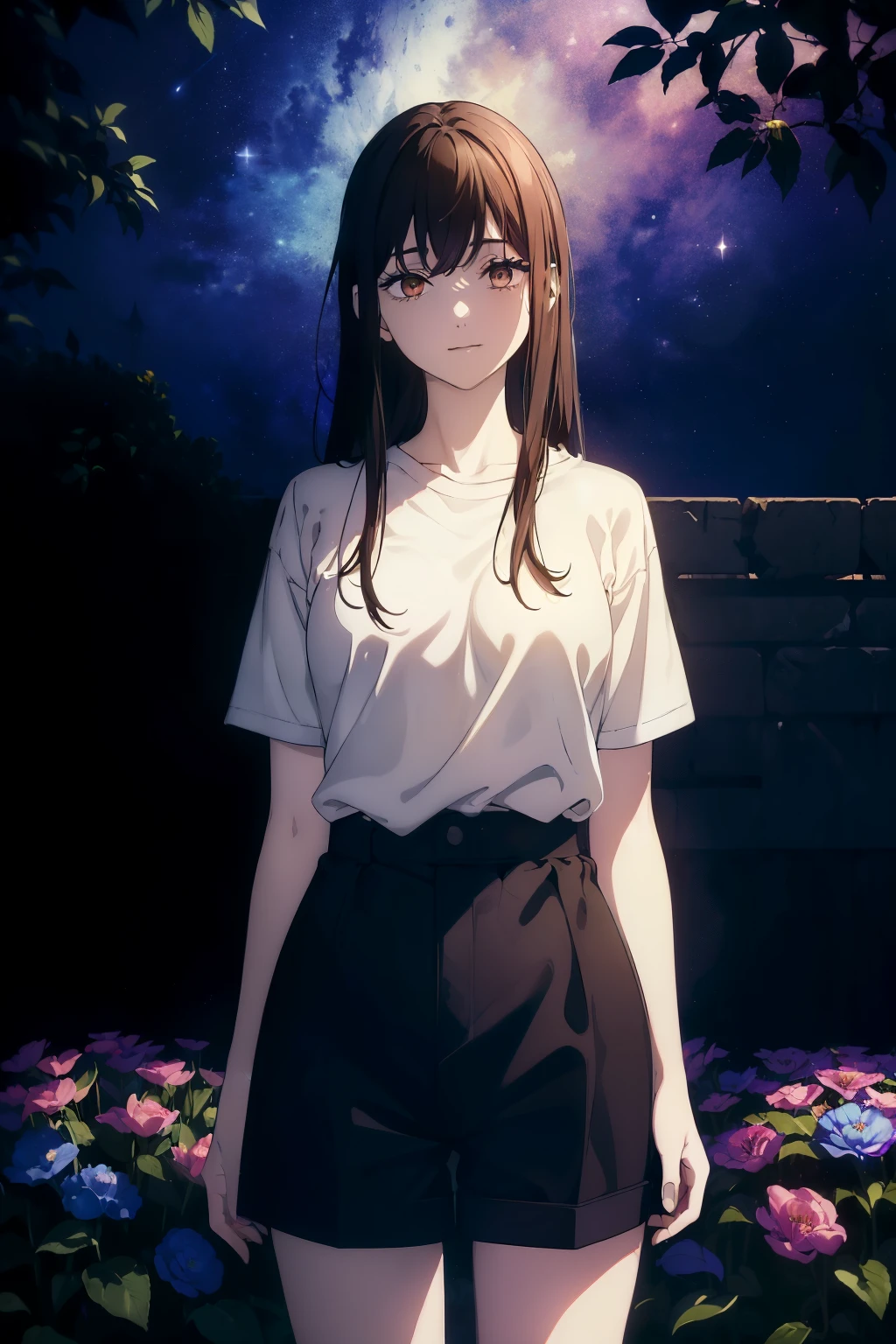 ((((Obra maestra, La mejor calidad, ultrahigh resolution)))), 1girl, standing, (baggy white t-shirt, loose fitting blue shorts, long back hair, long dark black hair, pale skin, ((shining brown eyes)), ((ultra detailed eyes:1, beautiful and detailed face, detailed eyes:0.5)), (centered), smile, (wide shot), facing viewer, (((vibrant background of outside, LSD flowers, bright lighting, darkness)), flat chested, ((looking at viewer)), ((half closed eyes)), ((perfect hands)), ((head:1, hips, elbows, arms, in view)), empty eyes, beautiful lighting, defined subject, 25 years old, ((a very cool image)),