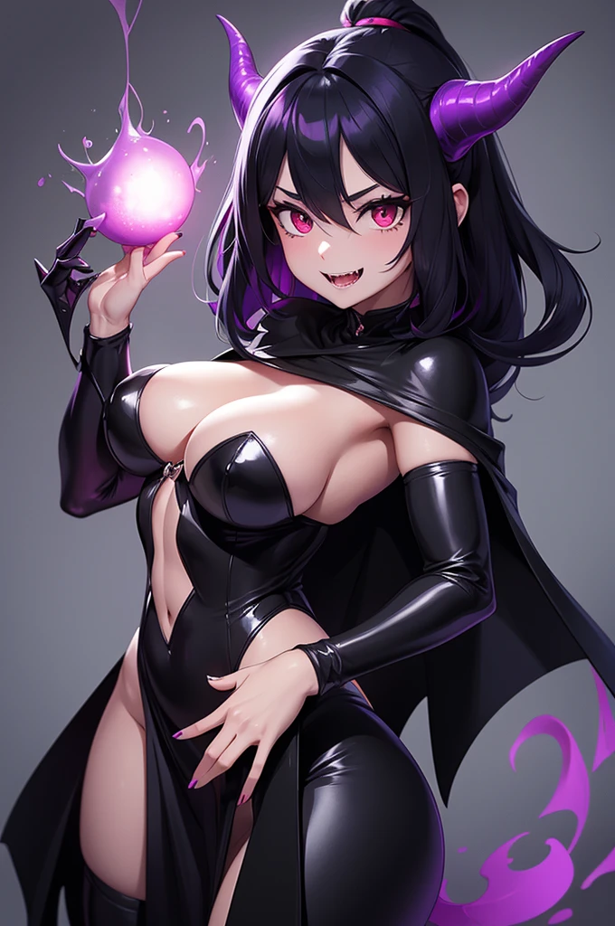 Shadow demon woman, Bluish gray skin with black shadow slime dripping from body. long purplish black horns, red eyes, Sharp teeth smile, evil face, Short dark purple hair with pink shine, shadow slime aura around. Black Slime cape. Naked body exposed, black shadow slime dripping from nipples