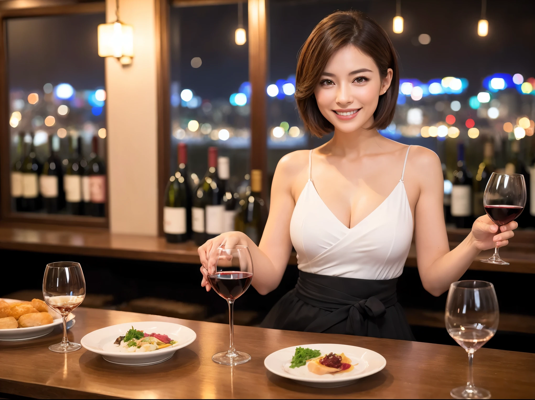 (64k uhd, nffsw, of the highest quality, masutepiece: 1.2), (Realistic, Photorealistic: 1.37), American、Frenchman、Pretty Woman 1, (Slim Face), (slimボティ), (Brown hair), (short-cut), cheeks blush a little, (40 years old), 38 years, Solo, A beautiful and detailed night view spreads out outside the window......, restaurant, wine glassesに座って, At night, In a prominent place (from waist up) NovaFrogStyle, actress, Model, waist-up, white wine, slim, wine glasses, Super clean night view, 真ん中に置かれたwine glasses, Happy smile, (Smile: 1.15), Beautiful fine eyes, Upper body, Bust Japan Up, Night, Short, Short, actress, Model, waist-up, white wine, slim, wine glasses, Super clean night view, 真ん中に置かれたwine glasses, Happy smile,