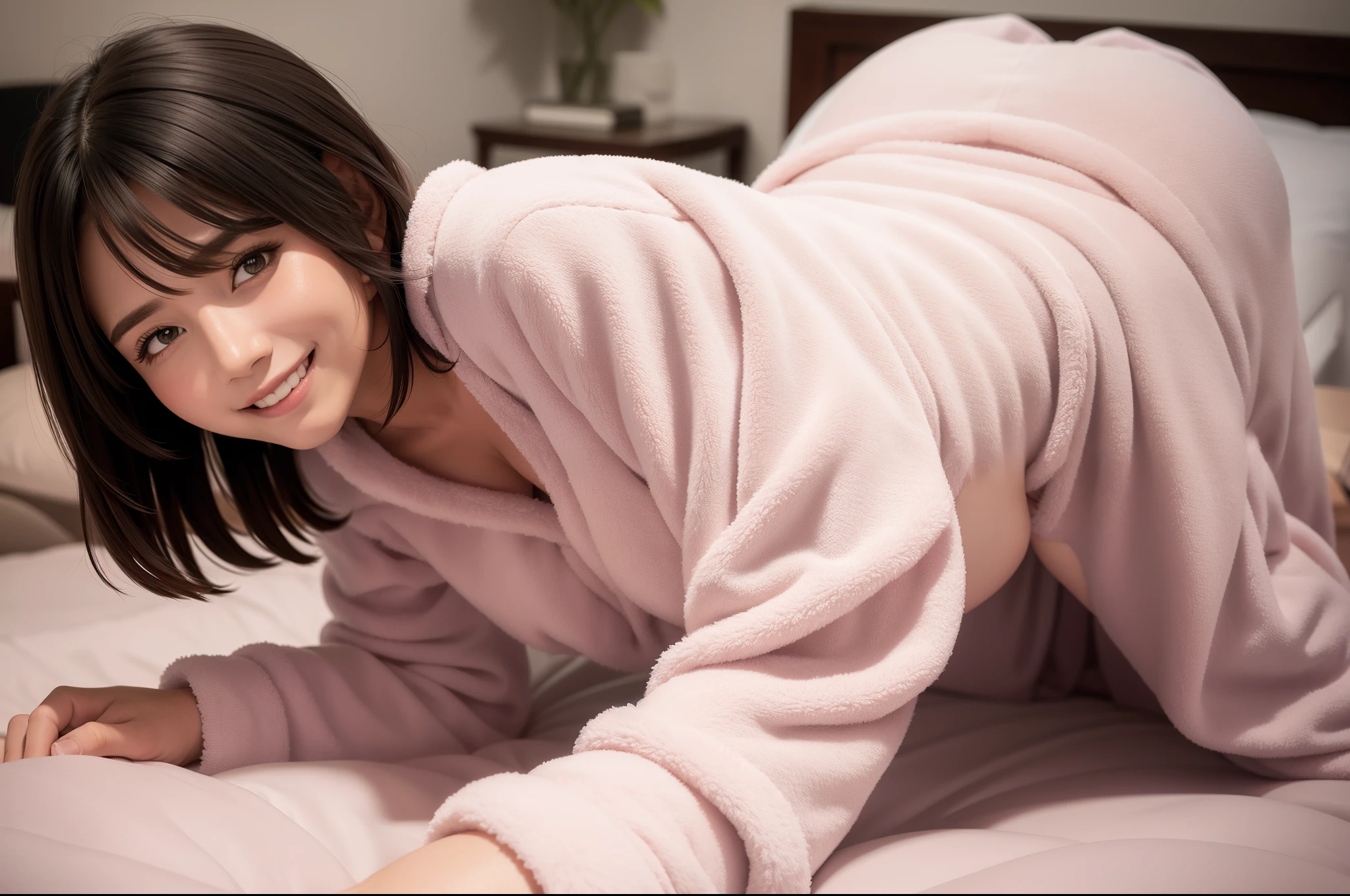 Fluffy pajamas, femele, Smile, (On all fours), in bed