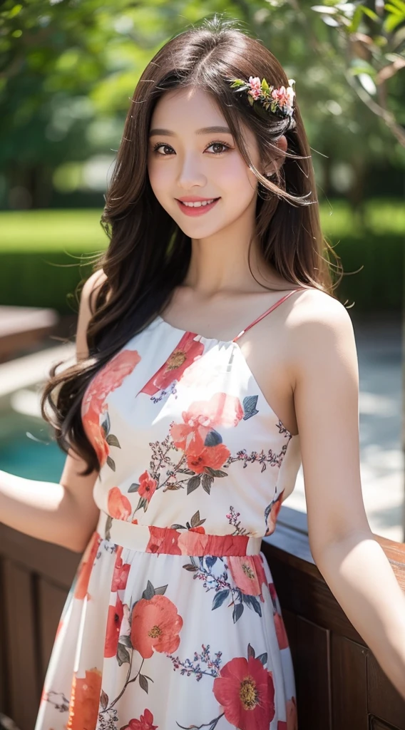 Dslr photo, (extraarms:1.2), (8k, 4k, masterpiece),beautiful pretty filipina asian woman, curvy, smiling, laughing, sunny, summer, bright, (girly), (feminine), outdoors, park, spaghetti strap pink floral sun dress, dress with open sides, low cut, summer dress, long dark hair in ponytail, bracelets, blurry background, (lower hands on hips:1.2), (elbows out), high heels, cute, full subject in frame, full body view, holding purse, front view, (four arms), (extraarms:1.2), (upper hands on head), cleavage
