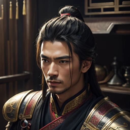 oriental、man in ancient chinese armor、ancient chinese hairstyle man、three kingdom、multiple warlords、top-quality、​masterpiece、超A high resolution、(Photorealsitic:1.4)、Cinematic poster、Supporting role introduction