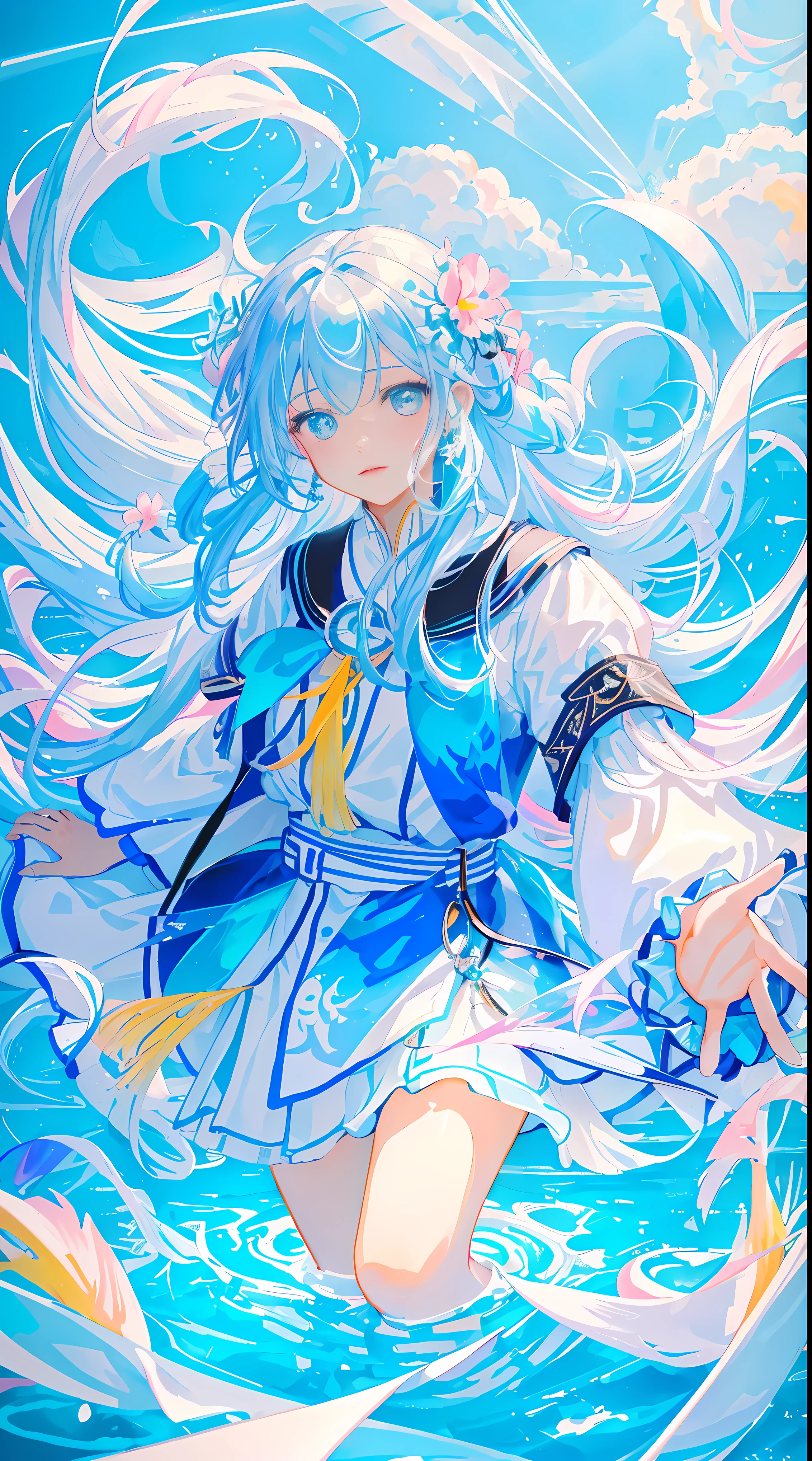 (tmasterpiece), (Best quality), (ultra - detailed),(Coiled hair),(illuminations), (1girl), (Fashion clothing), Eternal, a fashion model, looking at viewert, (Interview), ( Background with), Beautiful and delicate eyes, exquisite and beautiful face, floating, (high saturated), (colorful splash), Colorful bubbles, (shine), Focus on the face, Ayaka Kamisato, lightblue hair, through bangs, Hair rings, floating flowers, floating hair. girl, anime grandma, looking at viewert, The content is very detailed, reflective transparent iridescent color, Transparent iridescent RGB long hair, Serafleur&#39;s work on artstation, thick acrylic, illuminations on pixiv, Portrait of waist up, Gorgeous saints, Best quality, ultra - detailed, sad, artful, Nice face, Character styles rendered by Octane,