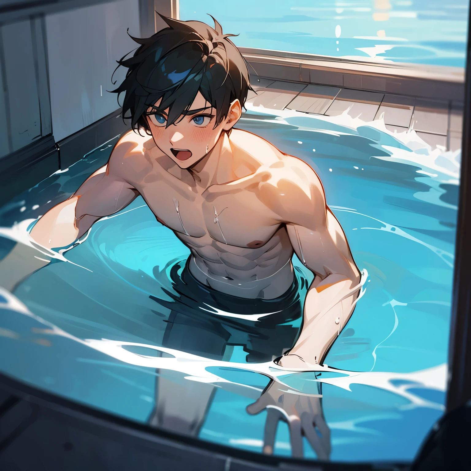 On the edge of the pool, a naked male, ground ruffian, high school student, licking his lips, lewd smile, haughty expression, contempt, light blue swimming briefs, spitting white liquid in his mouth, pulling out his crotch, seducing, solo