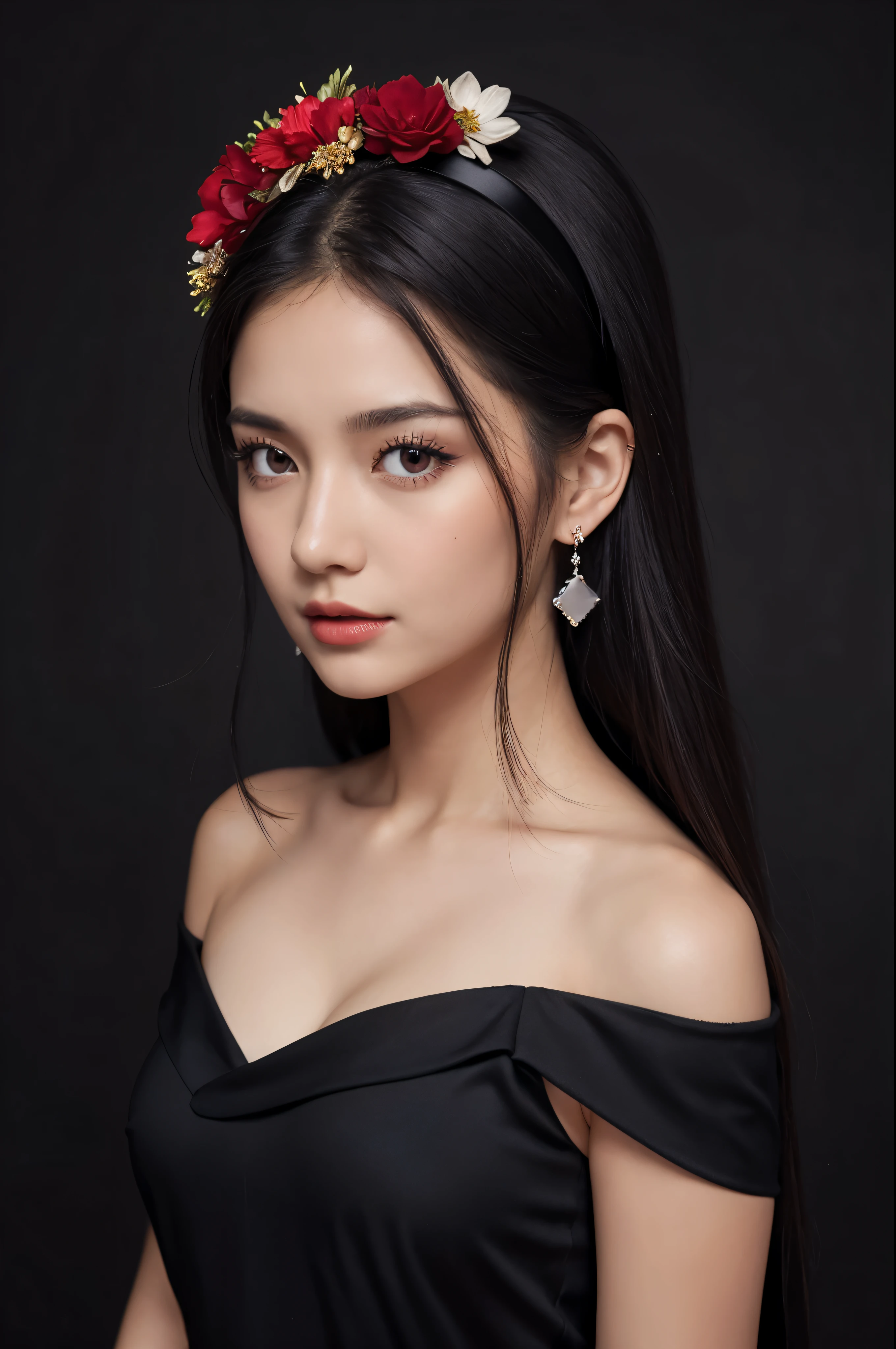 1girl, bare shoulders, black dress, black hair, breasts, closed mouth, dress, earrings, flower, hair flower, hair ornament, hairband, jewelry, medium breasts, long hair, looking at viewer, red eyes, sidelocks, sleeveless, solo, upper body, black background,