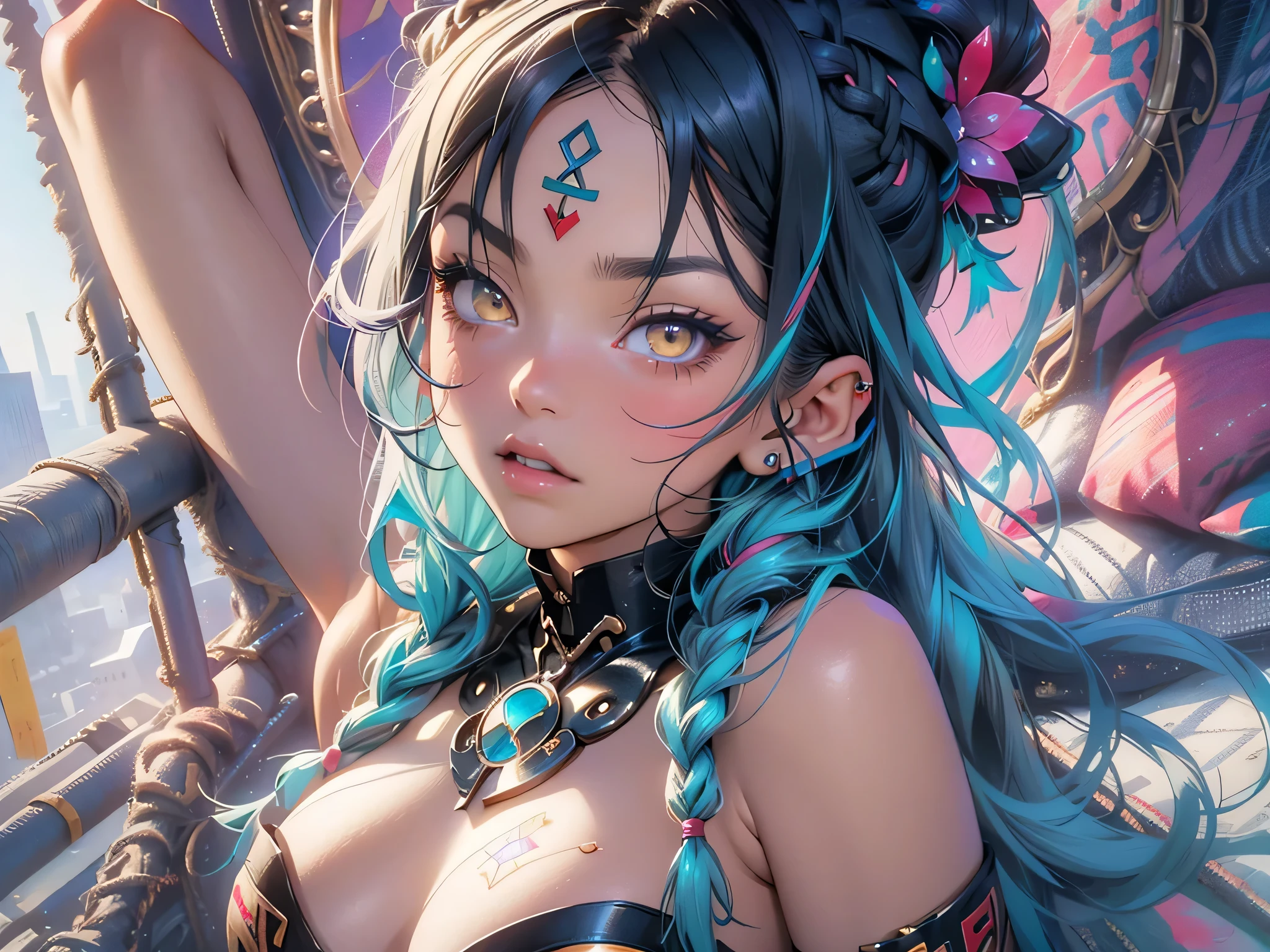 Cute loli elf,(((Little li,tiny Little body,Little))),(((6 ye),((anime elf loli with extremely Cute and beautiful aqua hair)), (((elf,elf ears))),
((lesbian,Yuri)),(((flat chest))),((((aqua hair:1.35,long braid aqua,Colored inner hair,Ear breathing)))),(((yellow_Eyes:1.3))),Convoluted Eyes,beautiful detailed Eyes,symmetrical Eyes,big Eyes:1.5,(((Brown-skinned:1.4,Dark skin,Dark_skin,lustrous skin:1.5,bright skin: 1.5,skin tanned,shiny skin,very shiny skin,Shiny body,plastic glitter skin,exaggerated shiny skin,illuminated skin))),(Detailed body,(Detailed face)),
Cute,sluttish,Erotic,boldness,(((NSFW))),
((Aztec tribal queen with tribal prints and patterns theme, Mesoamerica, Mexica),barechested,show skin,(barechested体),((All nude、)),
(Dynamic Pose:1.0),embarrassed,(Centered,scale to fit the dimensions,thirds rule),
((Morning Bedroom,)), with Dark stormy cloudeach scenery,Convoluted scenery)),(Lie in bed and look at me)
(光沢のあるbarechested),hight resolution,Sharp Focus,(ultra-detailliert,Extremely detailed),(Photorealistic artwork:1.37),(Extremely detailed CG unity 8k wallpaper),(((Vibrant colors,Vibrant themes))),(Convoluted),(masutepiece),(Best Quality),the whole、sexypose