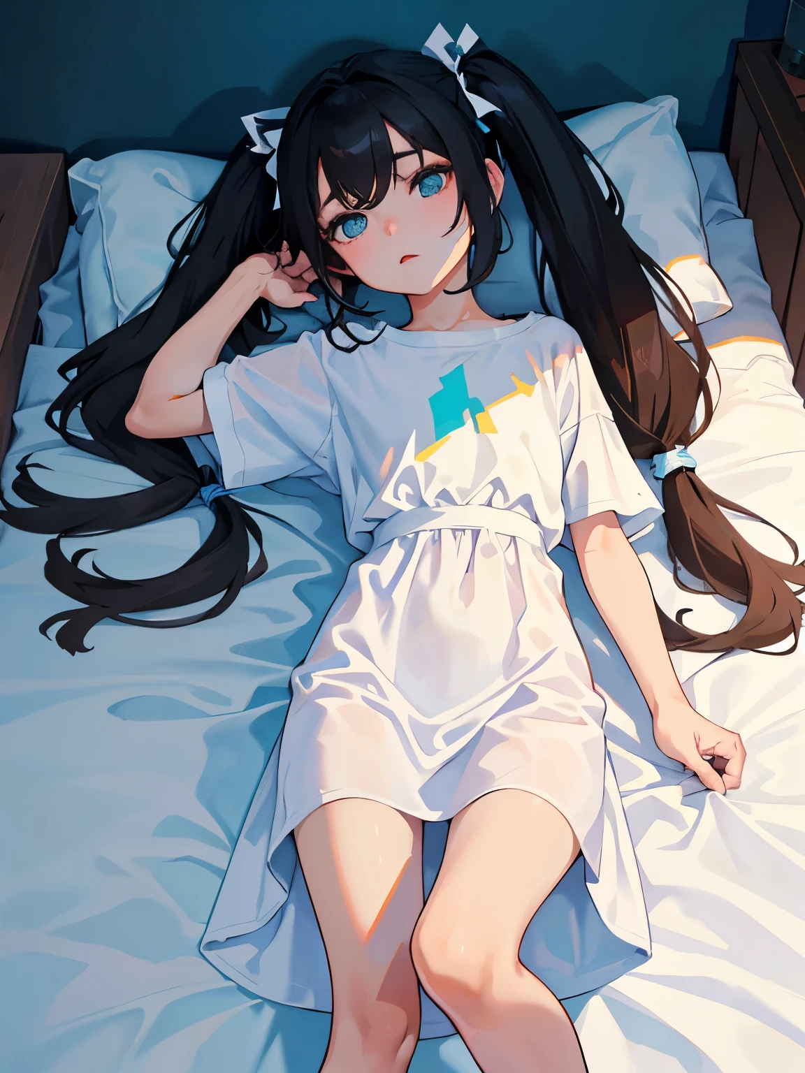 (masterpiece,Highest Quality),(child),((Long T-shirt,Thin dress)),(A dark-haired,long twintail),sleepy expression,Delicate body