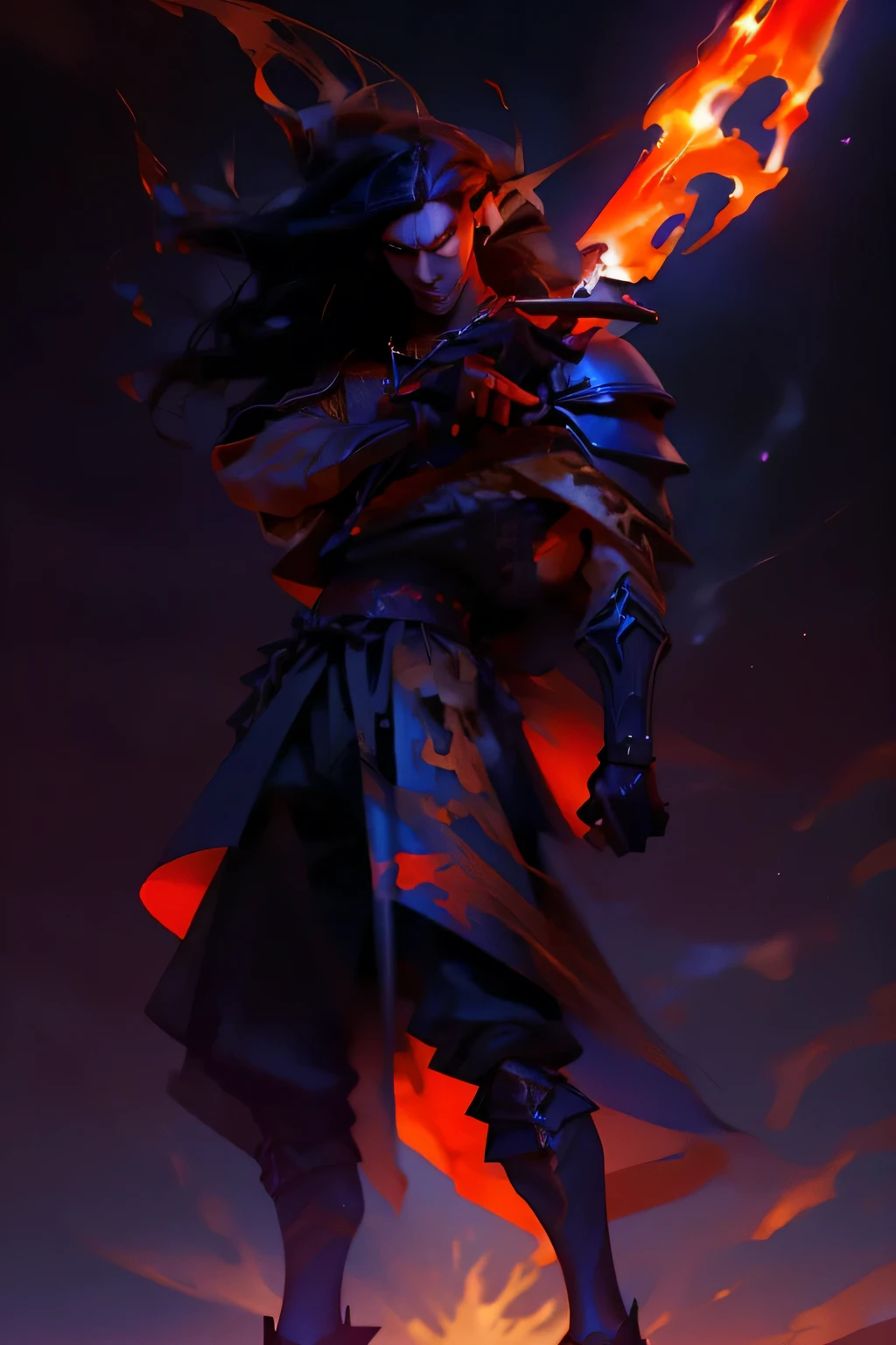 (melhor qualidade,pintura,Manga style:1.2), Demon-human hybrid warrior with long straight black hair, extremamente bonito, usando armaduras leves, wielding a red demonic looking European sword with a dark energy and glow emanating from it, on a moonlit sunset with a giant moon in the background