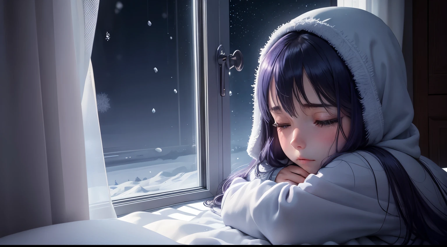 anime,girl,sleeping,window,winter,dark night,crying,best quality,ultra-detailed,realistic,photorealistic,vivid colors,soft lighting,emotionally intense,romantic scene,cozy,warm blanket,tears glistening,loneliness,reflection in the window,melancholic expression,beautiful long hair,dreamy atmosphere,magical snowflakes,moonlight shining through,peaceful silence,deep shadows,subtle hues of blue and purple,frost on the windowpane,snow-covered landscape,crisp winter air,gentle breeze,sheer curtains,darkness enveloping,transcendent beauty,sublime moment,feeling of solitude,stillness,heart-wrenching beauty,gentle snowfall.