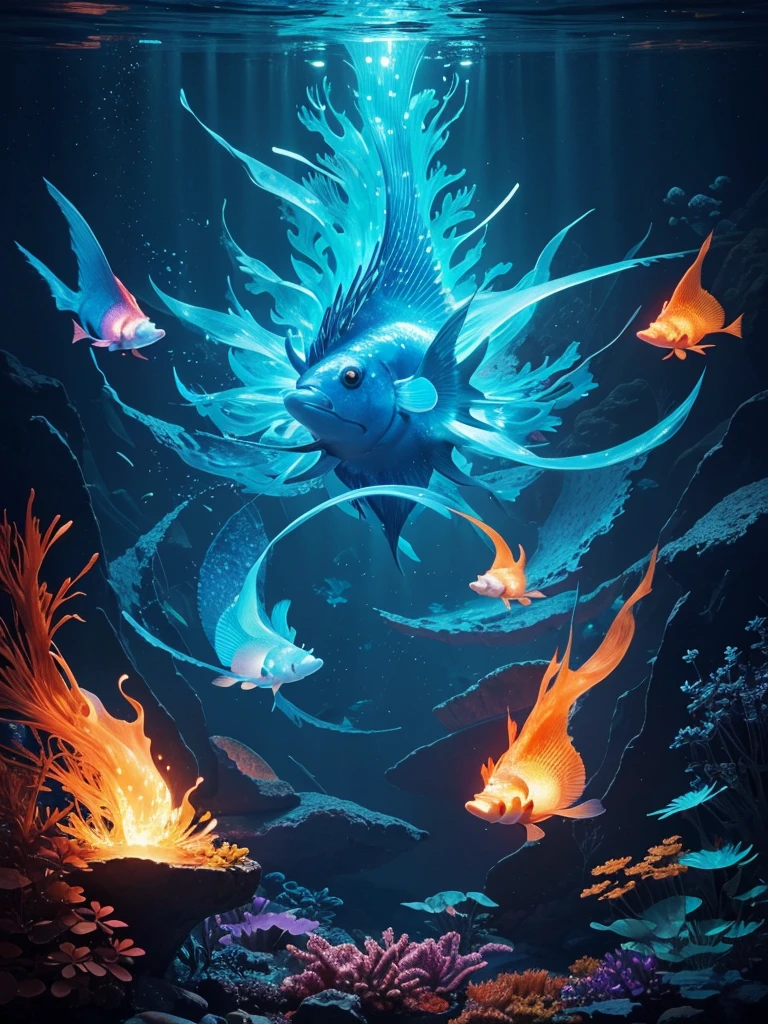 Glowing flame fish The flame fish is a fish that lives in tropical oceans,They have many light-emitting organs distributed on their bodies,Capable of producing intense blue light。This glow may be to attract prey or attract a mate。The mysterious atmosphere of light and shadow art, The environment is nice, cleverly illuminate, Soft colors 4k highly detailed characters