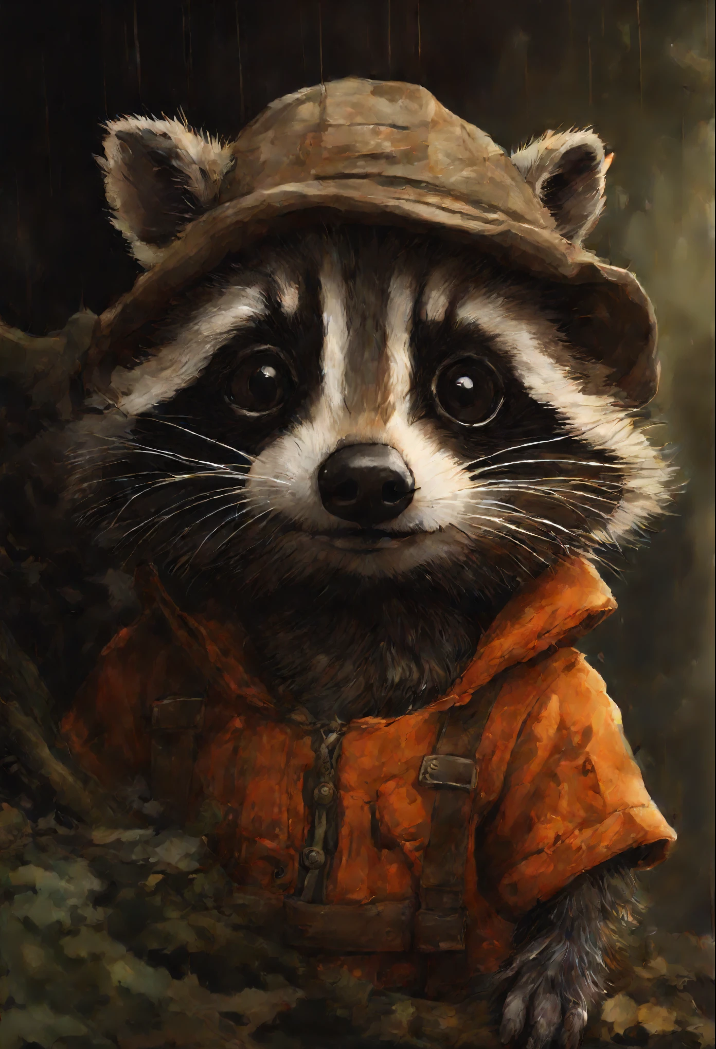 真实感, dark fantasy style, John Tolkien style, Small painting by Jean-Baptiste Monge, portrait of the cutest baby raccoon illustration in orange overalls, artstation, CGI_Animation, little raccoon in orange overalls and overalls, stuck his nose out of the hole, puddles after recent rain, adorable digital painting, rob rey, Anthropomorphic baby raccoon, based on Jean-Leon Gerome, inspired by Johannes Helgeson, portrait of a gnome called eldon, Jean Baptiste monge, jean - baptiste monge, Brian Despin Jean-Baptiste Monge, anthropomorphic --ar 2:3 --testp -optimistic;
