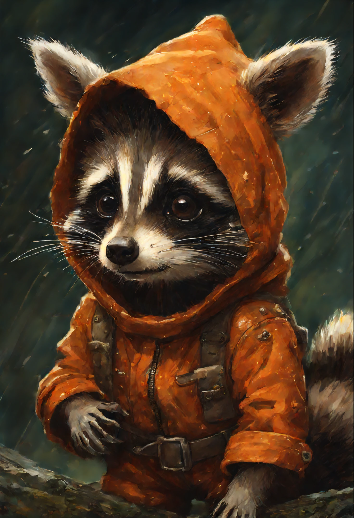 真实感, dark fantasy style, John Tolkien style, Small painting by Jean-Baptiste Monge, portrait of the cutest baby raccoon illustration in orange overalls, artstation, CGI_Animation, little raccoon in orange overalls and overalls, stuck his nose out of the hole, puddles after recent rain, adorable digital painting, rob rey, Anthropomorphic baby raccoon, based on Jean-Leon Gerome, inspired by Johannes Helgeson, portrait of a gnome called eldon, Jean Baptiste monge, jean - baptiste monge, Brian Despin Jean-Baptiste Monge, anthropomorphic --ar 2:3 --testp -optimistic;