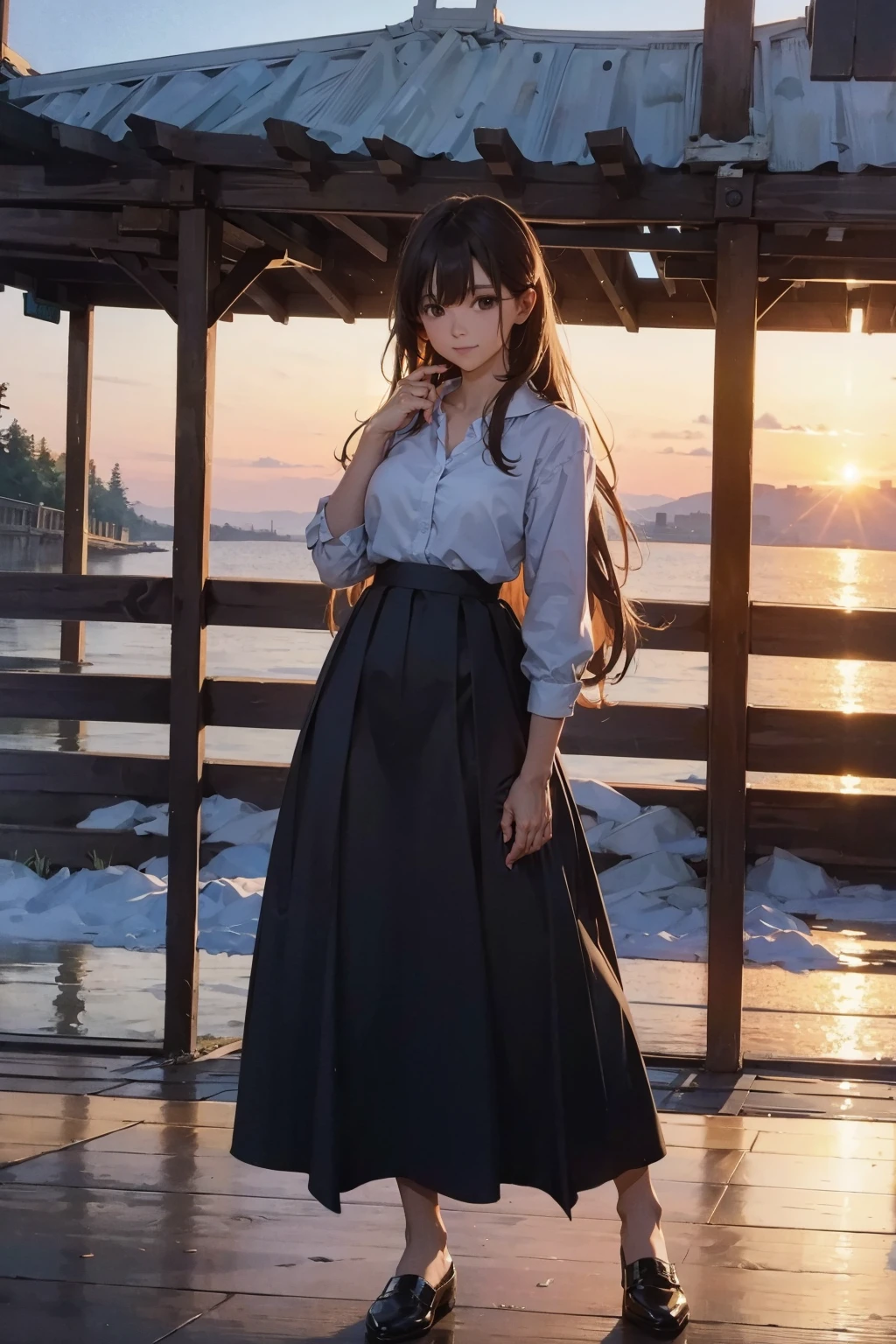 (FULL BODYSHOT、an oil painting、​masterpiece、top-quality、hight resolution、Dark hair、Super long hair、Bangs are aligned、Good mood、Blue shirt、Long long skirt、Sweaty skin、Sunset sky、Thick、I can see the lighthouse、On a street corner in Finland