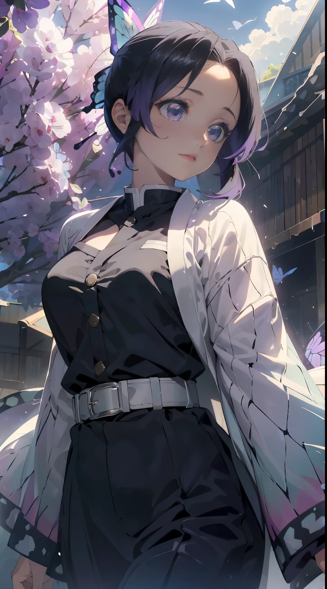 Ultra-realistic 8K CG,tmasterpiece,((Ultra detailed backgrounds,delicate patterns,Complicated details)),Best quality at best,very vey very detailed face,very detailed eyes and faces,Very detailed eyes,Kochou Shinobu,O cabelo multicolorido,No bangs,hair intakes,Purple eye,Forehead,Black shirt,Black pantsuit,haori,butterflys,obi strip,(trpical garden:1.2),purple flower,mostly cloudy sky,rays of sunshine,Tyndall effect,Gradient_sky,the face,beautiful sky,Saber on the waist,captivating posture,(Large breasts:1.3),(cleavage:1.3),(Off-the-shoulder attire:1.5)