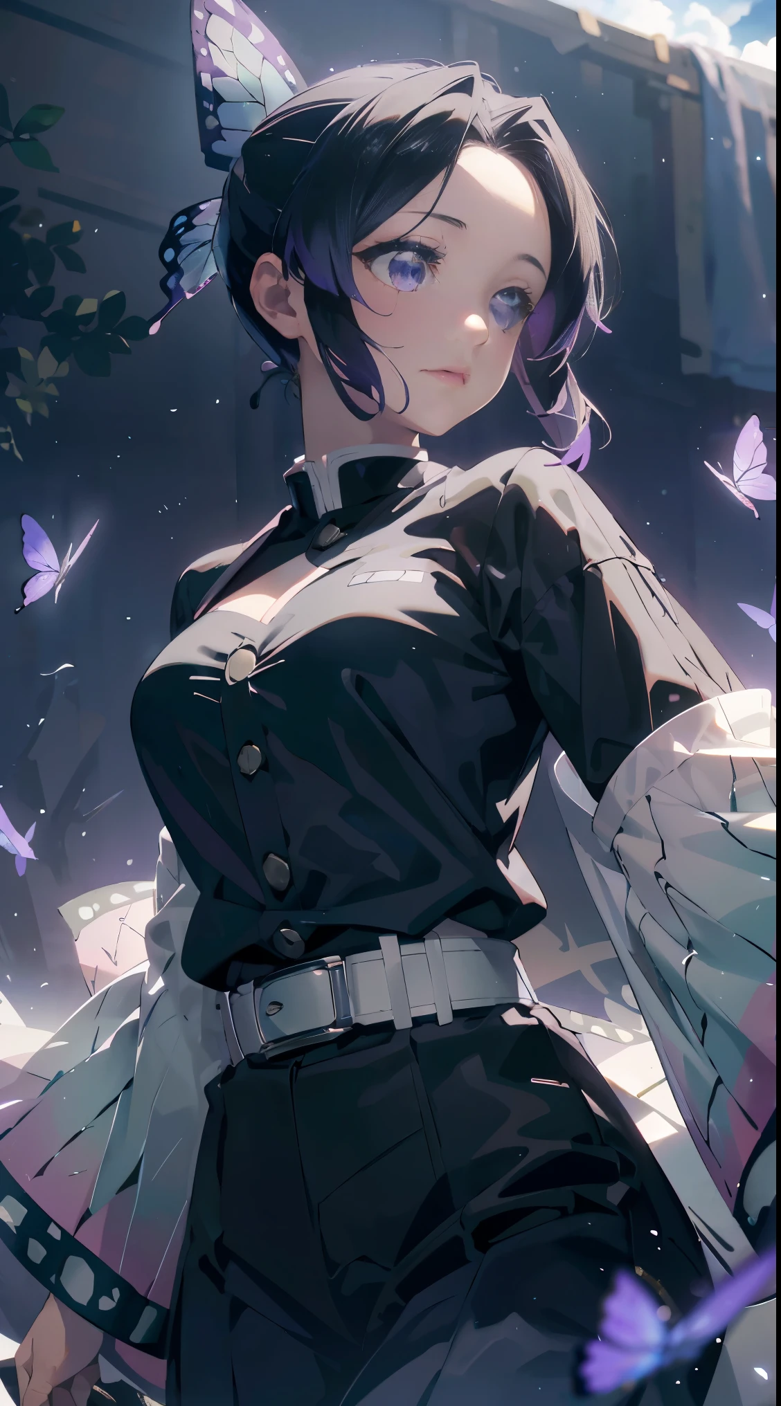 Ultra-realistic 8K CG,tmasterpiece,((Ultra detailed backgrounds,delicate patterns,Complicated details)),Best quality at best,very vey very detailed face,very detailed eyes and faces,Very detailed eyes,Kochou Shinobu,O cabelo multicolorido,No bangs,hair intakes,Purple eye,Forehead,Black shirt,Black pantsuit,haori,butterflys,obi strip,(trpical garden:1.2),purple flower,mostly cloudy sky,rays of sunshine,Tyndall effect,Gradient_sky,the face,beautiful sky,Saber on the waist,captivating posture,(Large breasts:1.3),(cleavage:1.3),(Off-the-shoulder attire:1.5)