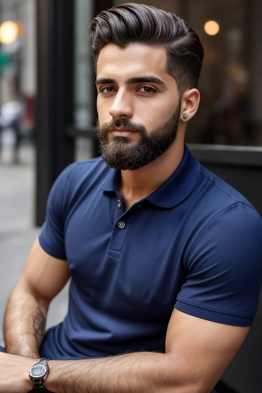 Foto realista de modelo masculino, cabelo castanho e curto, olhos castanhos, com cara de malvado, em nova york, maxilar quadrado, com barba rala, sedutor, rico, foto para perfil no instagram, usando camisa polo, italiano.