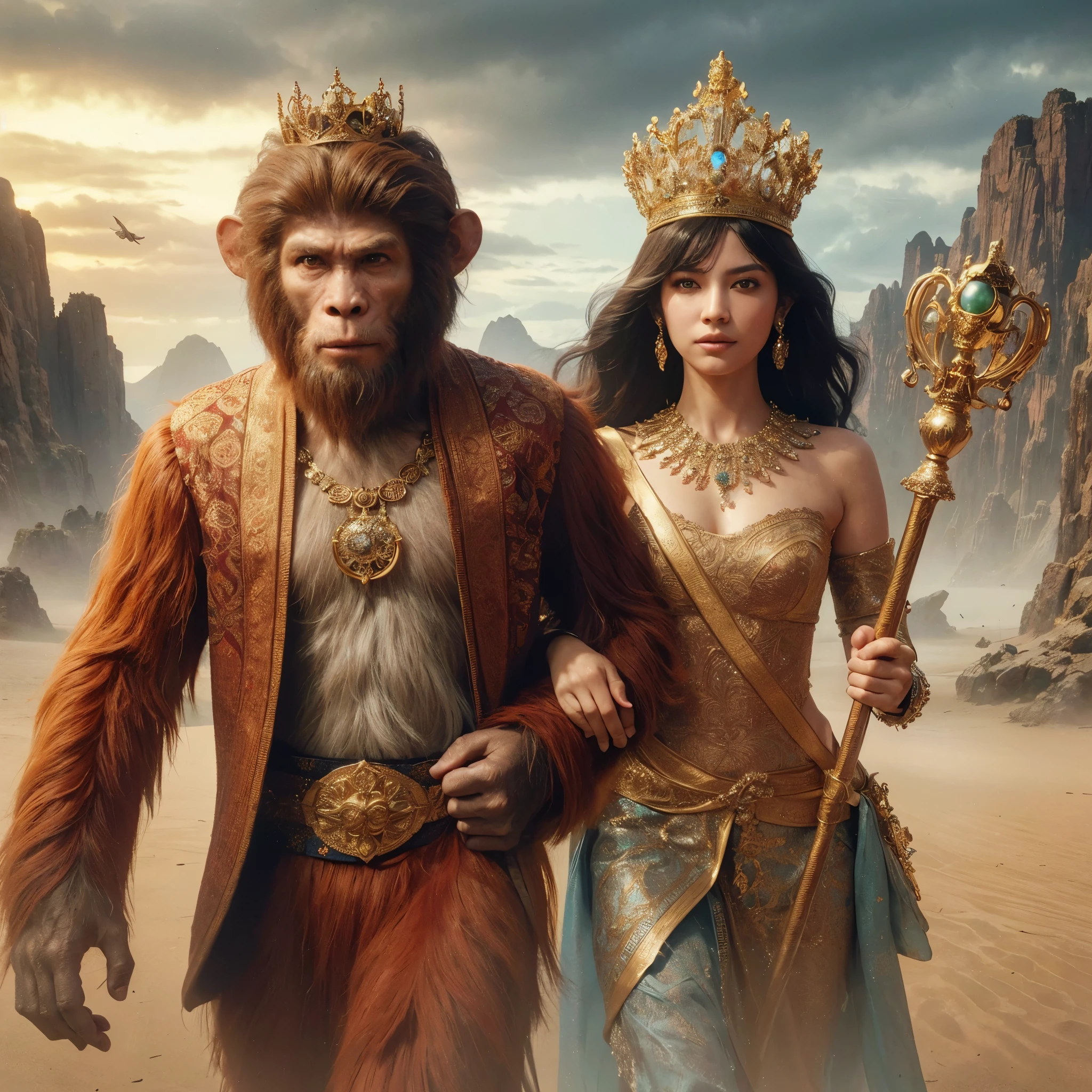 arafed woman in a wedding dress and a monkey in a crown, queen and ruler of the universe, humanoid monkey fantasy race, beautiful animal pearl queen, fantasy photography, still from a fantasy movie, fantasy art behance, by Alexander Kucharsky, elegant cinematic fantasy art, fantasy style 8 k octane render, fantasy fairytale story, michael cheval (unreal engine, masterpiece, best quality:1.2),,(8k,highres,RAW photo,realistic,photo-realistic:1.3),(detailed skin texture,detailed cloth texture,beautiful detailed face:1.25),professional lighting,photon mapping,beautiful soft light,radiosity,physically-based rendering,raytracing, model shoot style, model shoot style, (extremely detailed CG unity 8k wallpaper), full shot body photo of the most beautiful artwork in the world,
