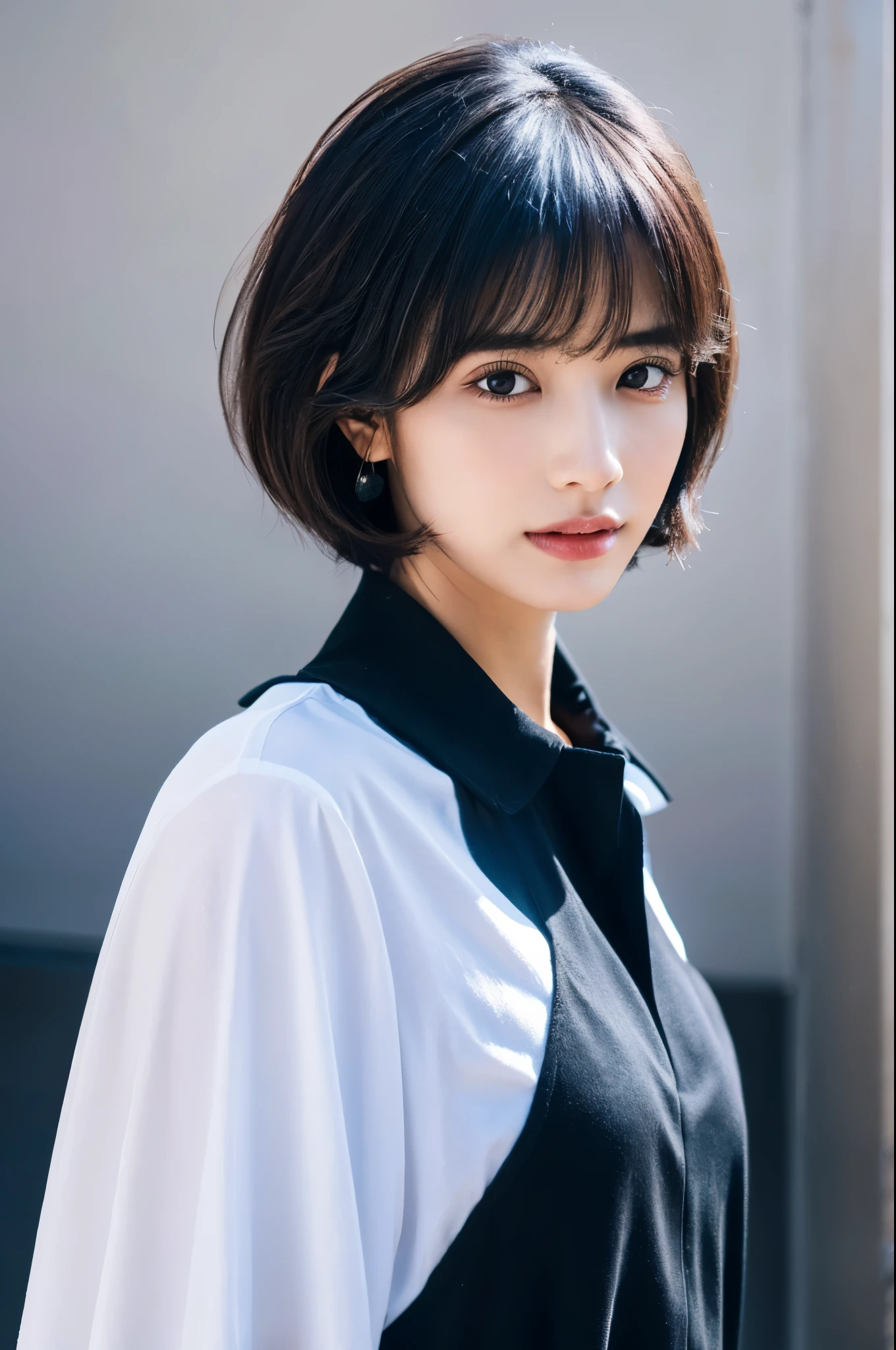 (8k, 4k, beste-Qualit, highres, ultra high res:1.1), (masterpiece, realistic, photo-realistic:1.1), tomboy, 1girl, short haircut, black hair, black eyes, oversized shirt, (looking at viewer:2), eyelashes, skinny, pale skin,