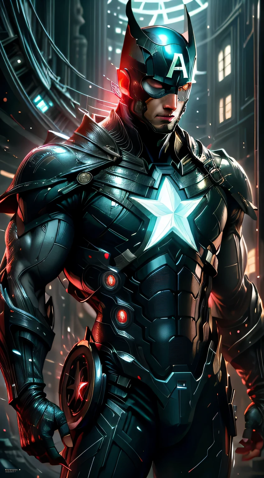 Realistic ,reluzente, Reflexivo, bioluminic, Captain America, segurando faca ensanguentada, em Gotham City, capa, Runas brilhantes _vermelho, corpo inteiro, Kinematic, fundo escuro, luz de fundo, alto contraste,