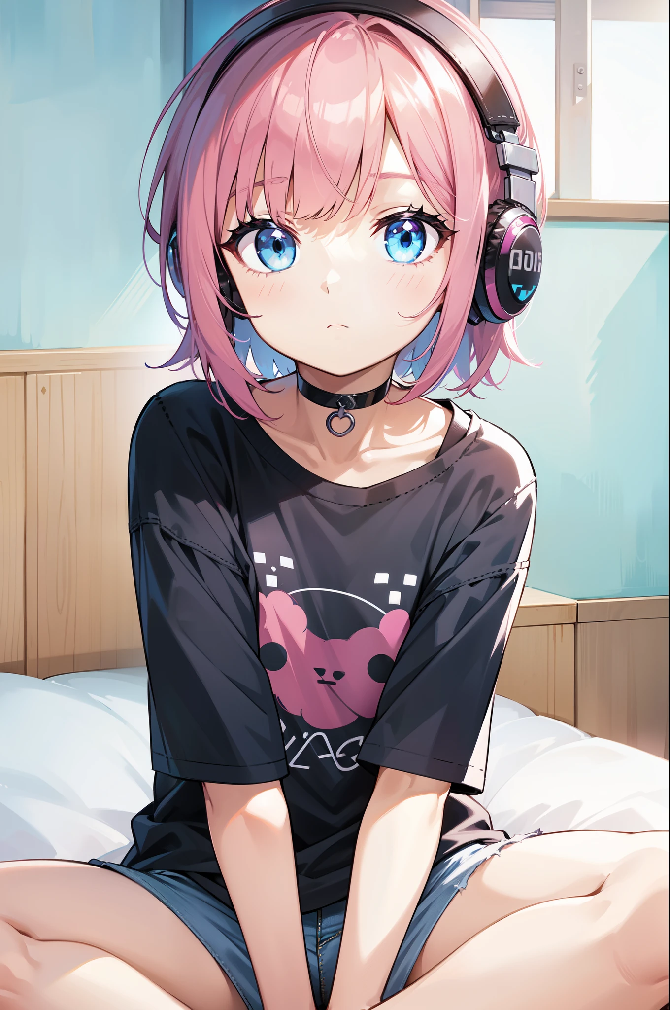 1 girl, solo, blue eyes, headphones, shirt, choker, denim, pants, pink hair, looking at viewer, sitting, medium hair, indoors, jeans, T-shirt, black choker, bed, black shirt, short sleeves, printed shirt, on bed, ripped jeans, bedroom, parted hair, parted bangs, V-arms