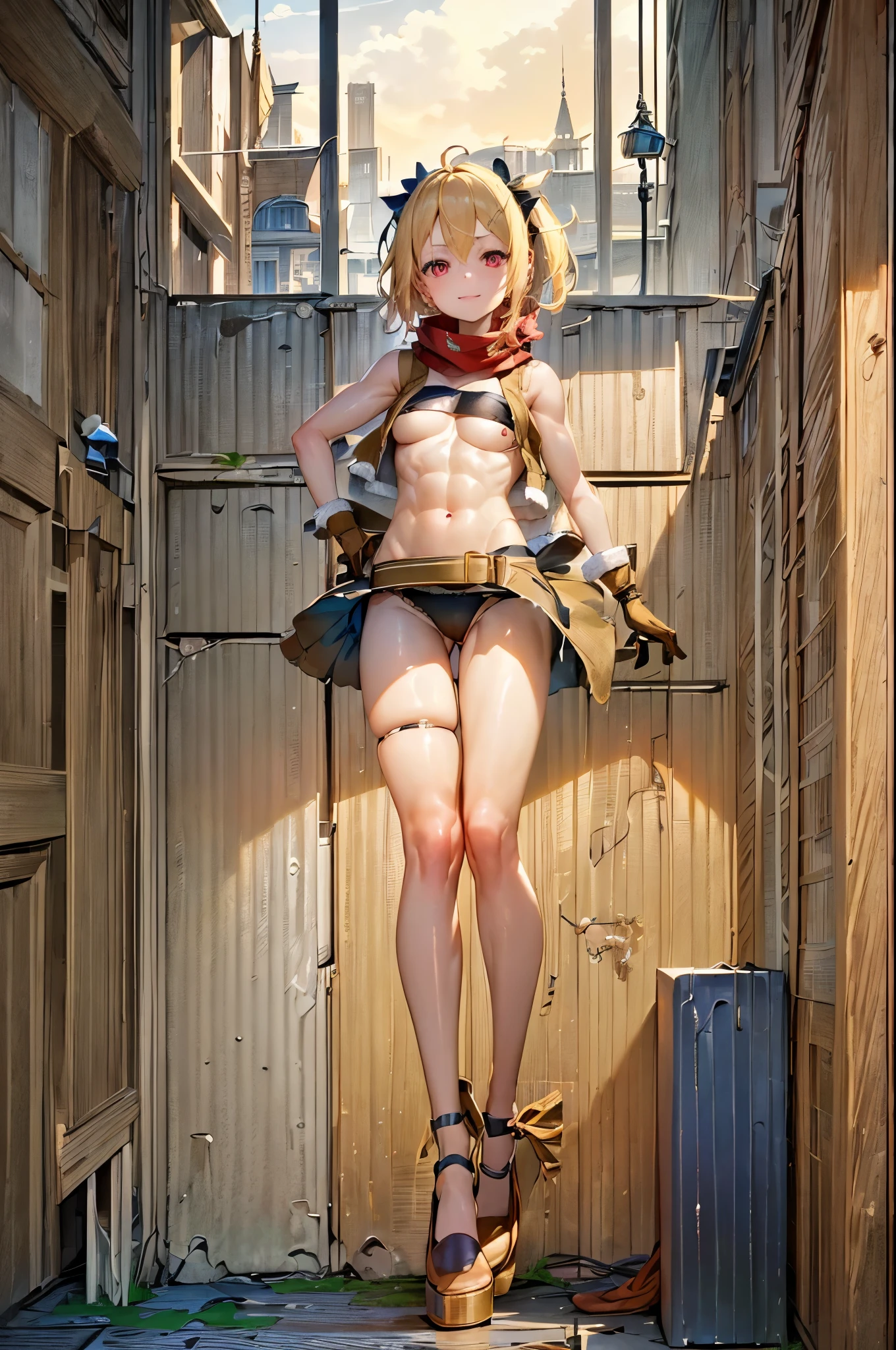 (2 sexy girls)best quality, 4k, ((masterpiece)), extremely detailed, 8k, Trending in ArtStation, intricate, high detail, sharp focus, detailed backfloor, (Fantasy City: 1.4), Roof, 1girl, floor , navel, (blond hair), red eyes, hair bow, red scarf, braid, short hair, small breasts, Looking at the Viewer, smile, midriff, blonde hair, {{{very short and sexy bikini}}}, ( (((wearing very short black panties)))), Gloves, brown Gloves, (muscular legs), (((standing looking at me)))
