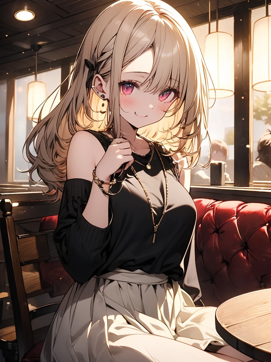 masterpiece, absurdres, best quality, ultra detailed, high Resolution, detailed illustration, extremely beautiful detailed face and eyes, bright colour, 1girl, (loli), cute face, Delicate beautiful face, magenta eyes, cute eyes, sparkling eyes, big eyes, medium breasts, (perky breasts:1.1), (pointy breasts:1.1), medium hips, glamorous body, white skin, smile, BREAK, long bob cut, (blonde hair:0.8), messy hair, detailed hair, shiny hair, BREAK off shoulder sweater, long skirt, tiny ribbon, restaurant, eating shortcake, real world, natural lights, perfect lighting,