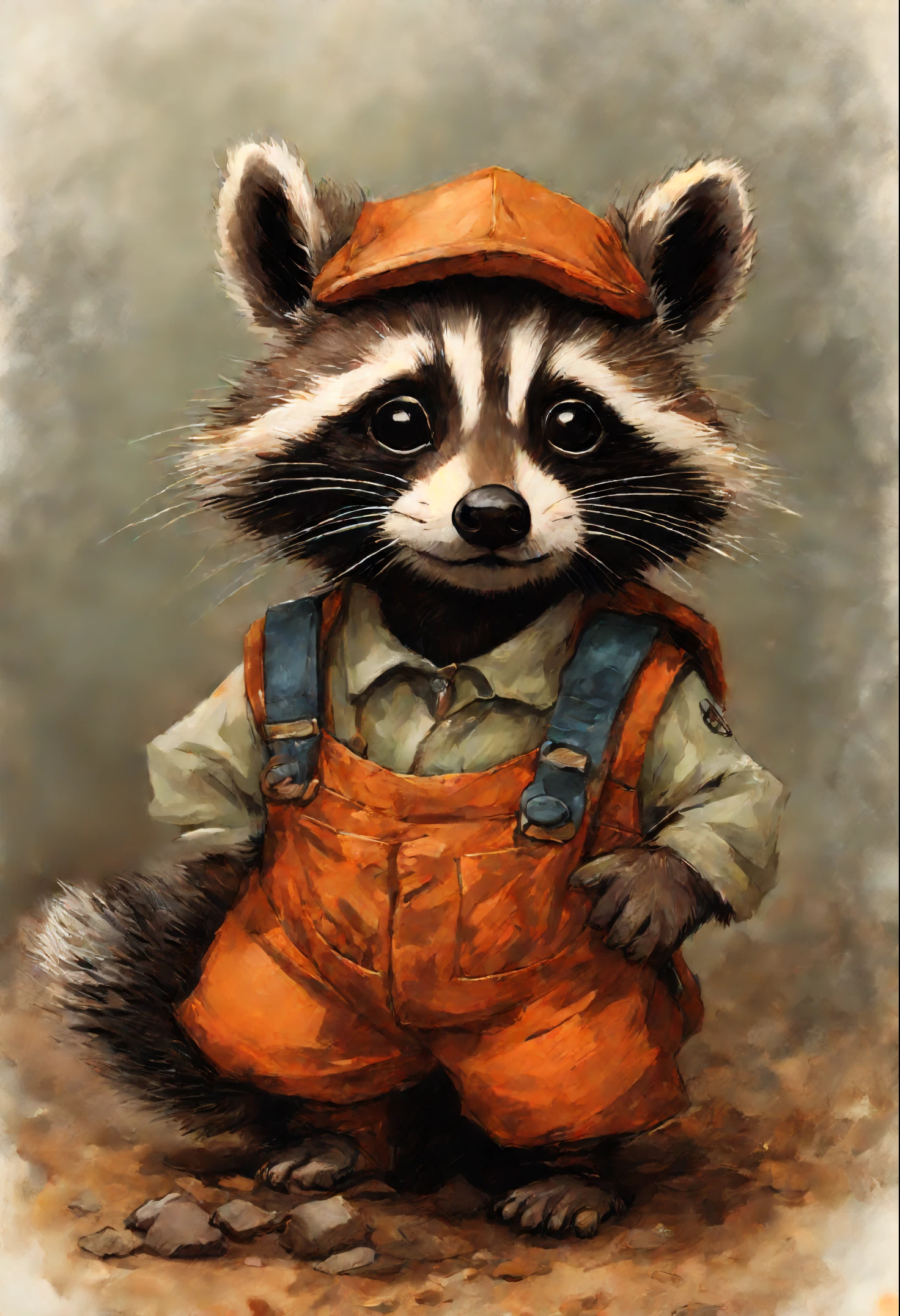 真实感, dark fantasy style, John Tolkien style, Small painting by Jean-Baptiste Monge, portrait of the cutest baby raccoon illustration in orange overalls, artstation, CGI_Animation, little raccoon in orange overalls and overalls, stuck his nose out of the hole, puddles after recent rain, adorable digital painting, rob rey, Anthropomorphic baby raccoon, based on Jean-Leon Gerome, inspired by Johannes Helgeson, portrait of a gnome called eldon, Jean Baptiste monge, jean - baptiste monge, Brian Despin Jean-Baptiste Monge, anthropomorphic --ar 2:3 --testp -optimistic;