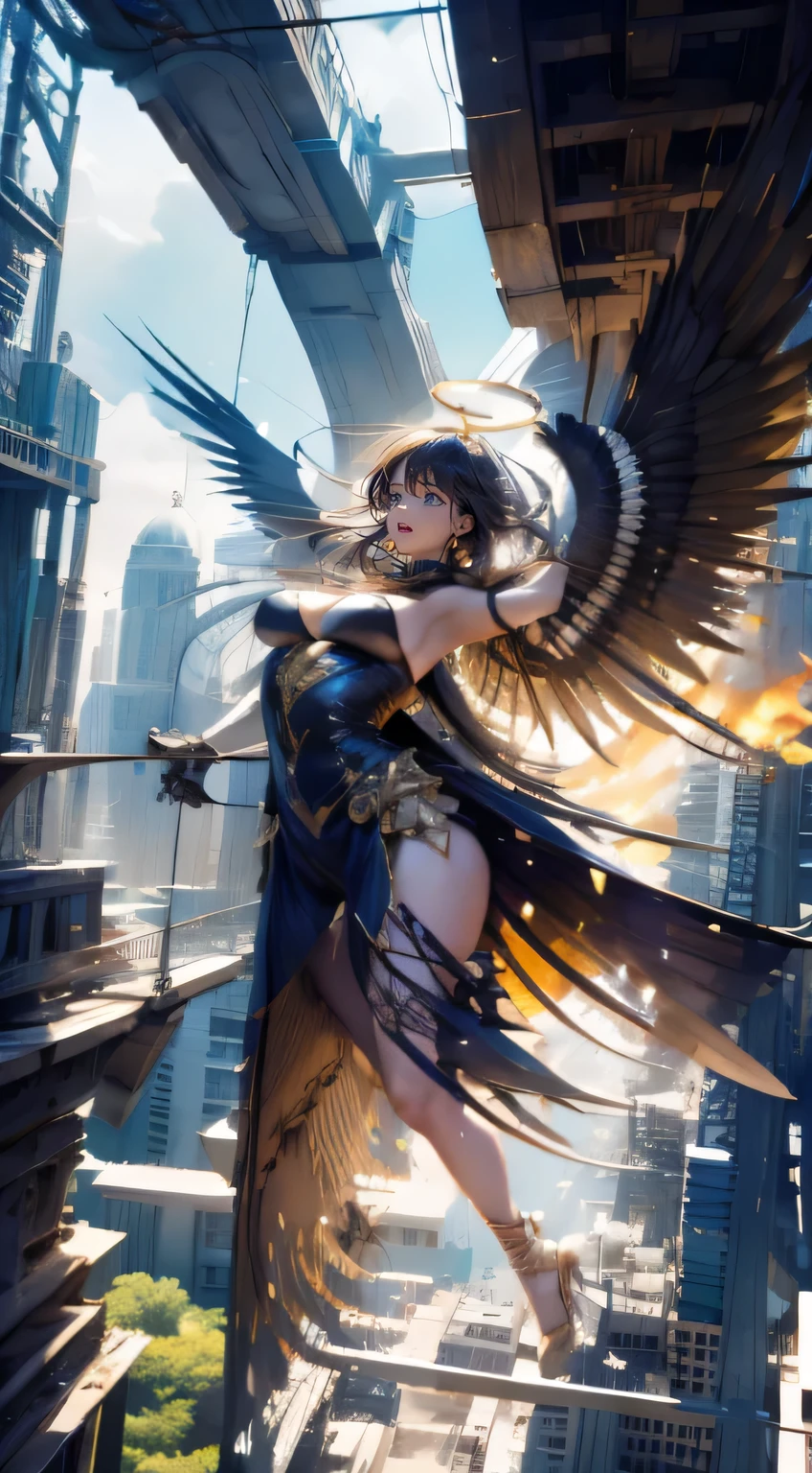looking away, aerial angle, (mechanical, complex body), (100m tall goddess), female round face, drooping eyes, open mouth, open legs, (protect cover on chest and crotch), ((halo)), ruins of the city, impact, high speed, flame, necklace on fire, destroying, lightning, ((fight scene, fighting pose)), anger, god's weapon