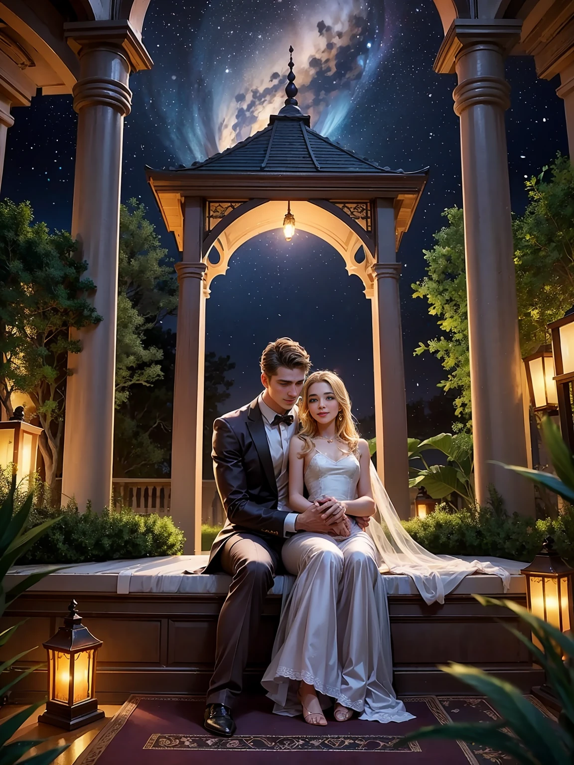 A romantic villa with an atmosphere reminiscent of the Arabian Nights.、There is a garden with luxurious decorations and roses.。ina、Rin々A tall young man and a cute little girl are happily hugging each other.。pure、A crescent moon and a galaxy shine in the night sky.、The golden landscape of the desert is spreading。A lyrical scene is spreading throughout.。