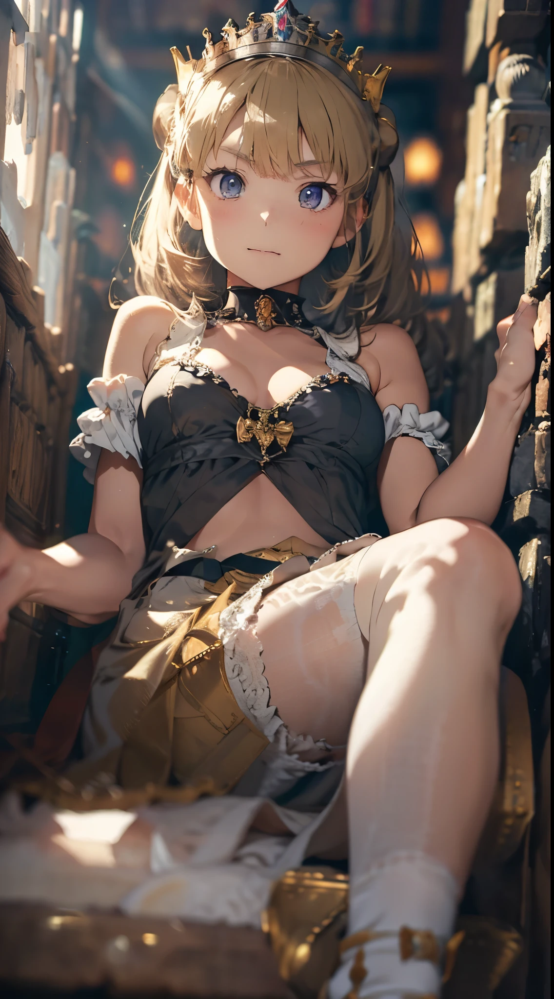 (The highest image quality, master piece:1.2), (Ultra Definition Illustration), (very cute little princess:1.3), (1 girl:1.2), Solo, (shoot from below) ,(condescending look) (NSFW:1.3), embarrassed, gorgeous red sleeveless queen dress, sitting on the throne chair, queen crown, showing panties, (Blonde Short-Cut Hair), Armpits, (white thigh high pantyhose:1.2), Spiteful face, Luxurious palace rooms, Fancy Room, RPG Royale, spread legs, Beautiful legs,