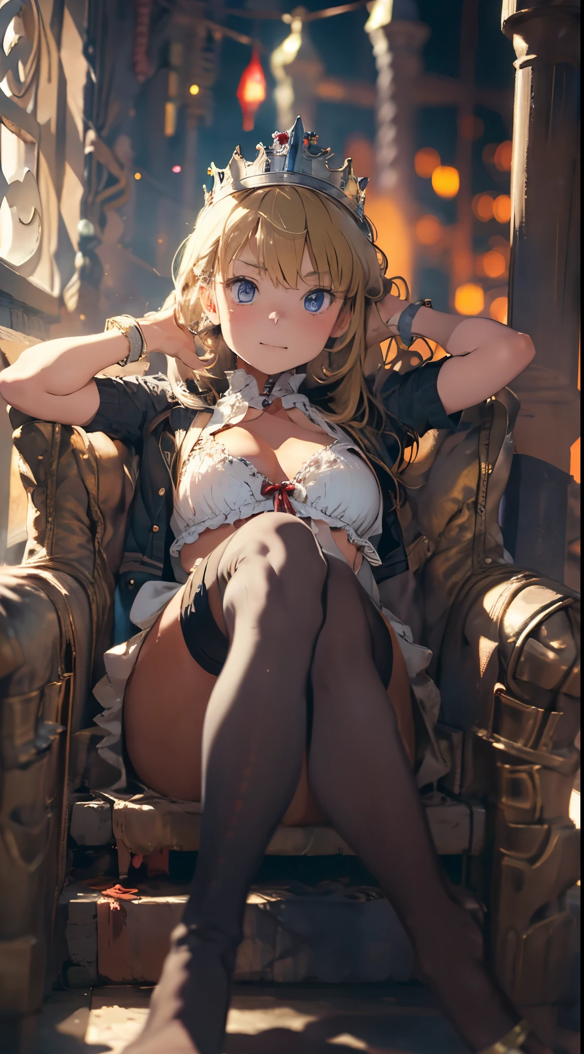 (The highest image quality, master piece:1.2), (Ultra Definition Illustration), (very cute little princess:1.3), (1 girl:1.2), Solo, (shoot from below) ,(condescending look) (NSFW:1.3), embarrassed, gorgeous red sleeveless queen dress, sitting on the throne chair, queen crown, showing panties, (Blonde Short-Cut Hair), Armpits, (white thigh high pantyhose:1.2), Spiteful face, Luxurious palace rooms, Fancy Room, RPG Royale, spread legs, Beautiful legs,