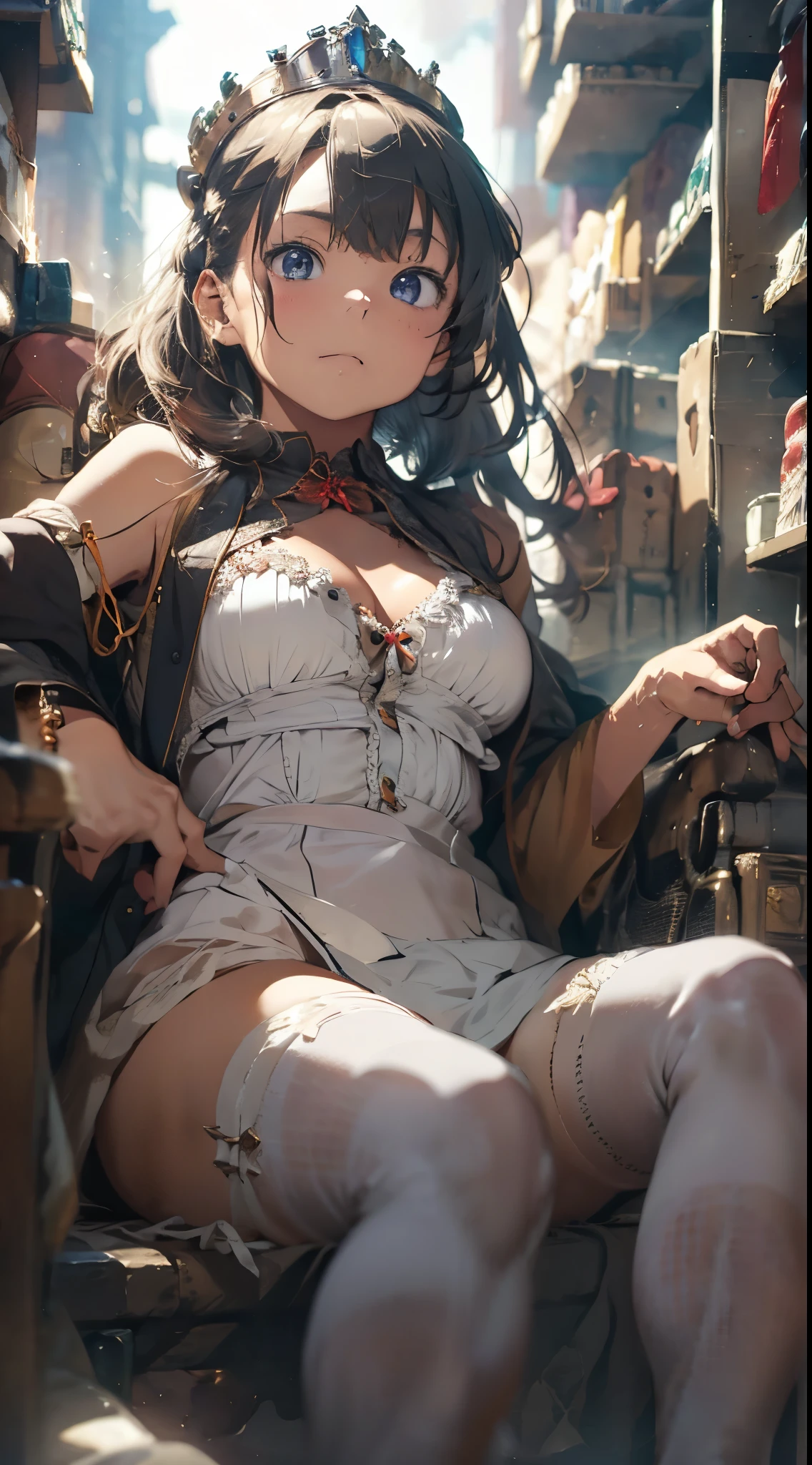 (The highest image quality, master piece:1.2), (Ultra Definition Illustration), (very cute little princess:1.3), (1 girl:1.2), Solo, (shoot from below) ,(condescending look) (NSFW:1.3), embarrassed, gorgeous red sleeveless queen dress, sitting on the throne chair, queen crown, showing panties, (Blonde Short-Cut Hair), Armpits, (white thigh high pantyhose:1.2), Spiteful face, Luxurious palace rooms, Fancy Room, RPG Royale, spread legs, Beautiful legs,