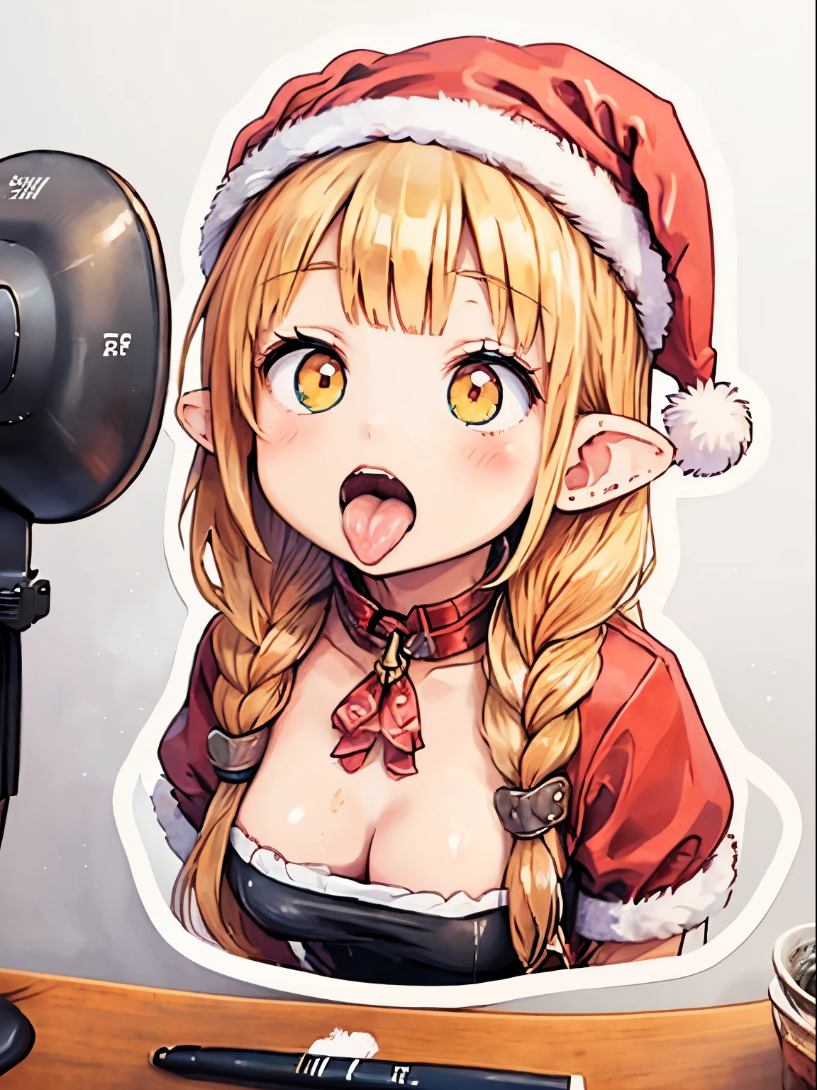 animesque、a sticker、顔と口メインのa sticker、Close-up of the mouth、1beautiful girl、pink elf santa claus girl、age19、(((I mainly draw the mouth、super close up of mouth、tongue、long tongue、sticking out the tongue、Show the inside of the mouth、Open your mouth wide and show me your throat)))、Santa's Hat、teak、lip stick、braid hair、Colossal tits、cleavage of the breast、simple background、